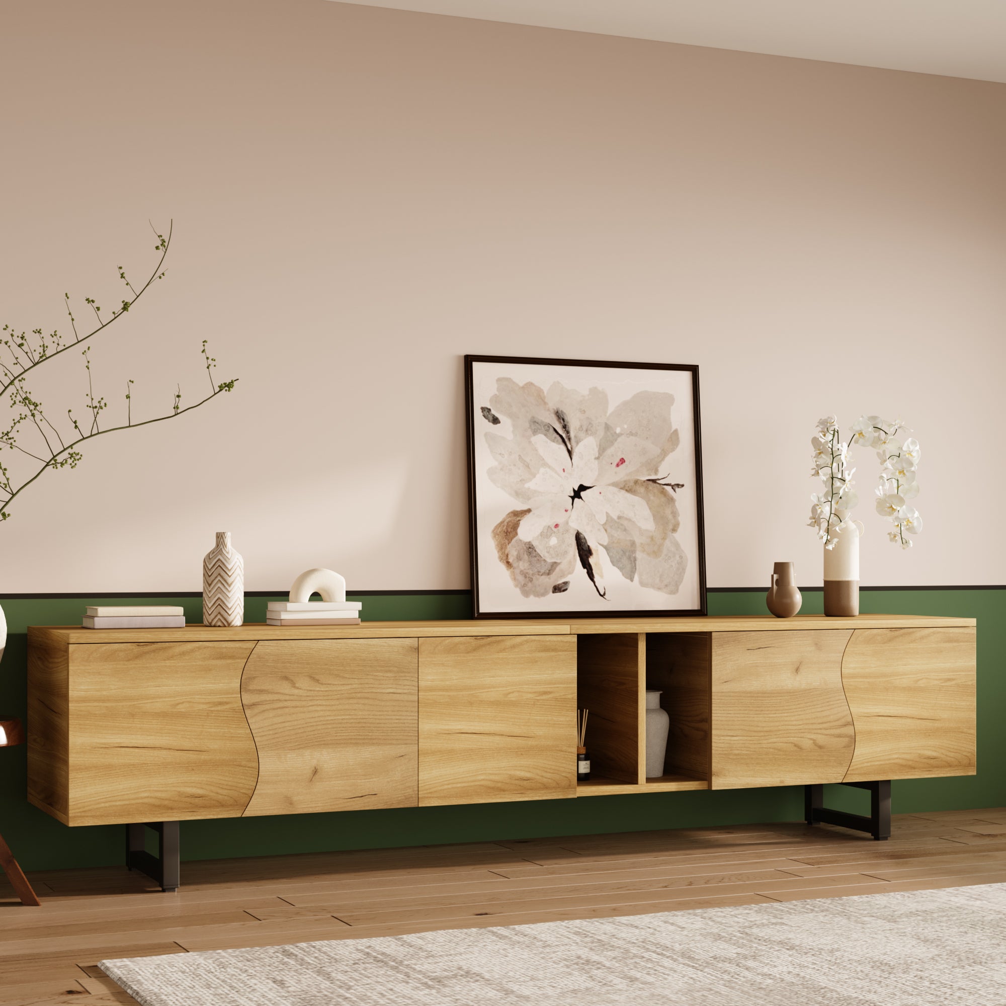 Stolik pod TV z 5 drzwiami i otwartymi przegródkami - 191 x 38 x 46,5 cm - Płyta wiórowa + MDF - Naturalny - 5