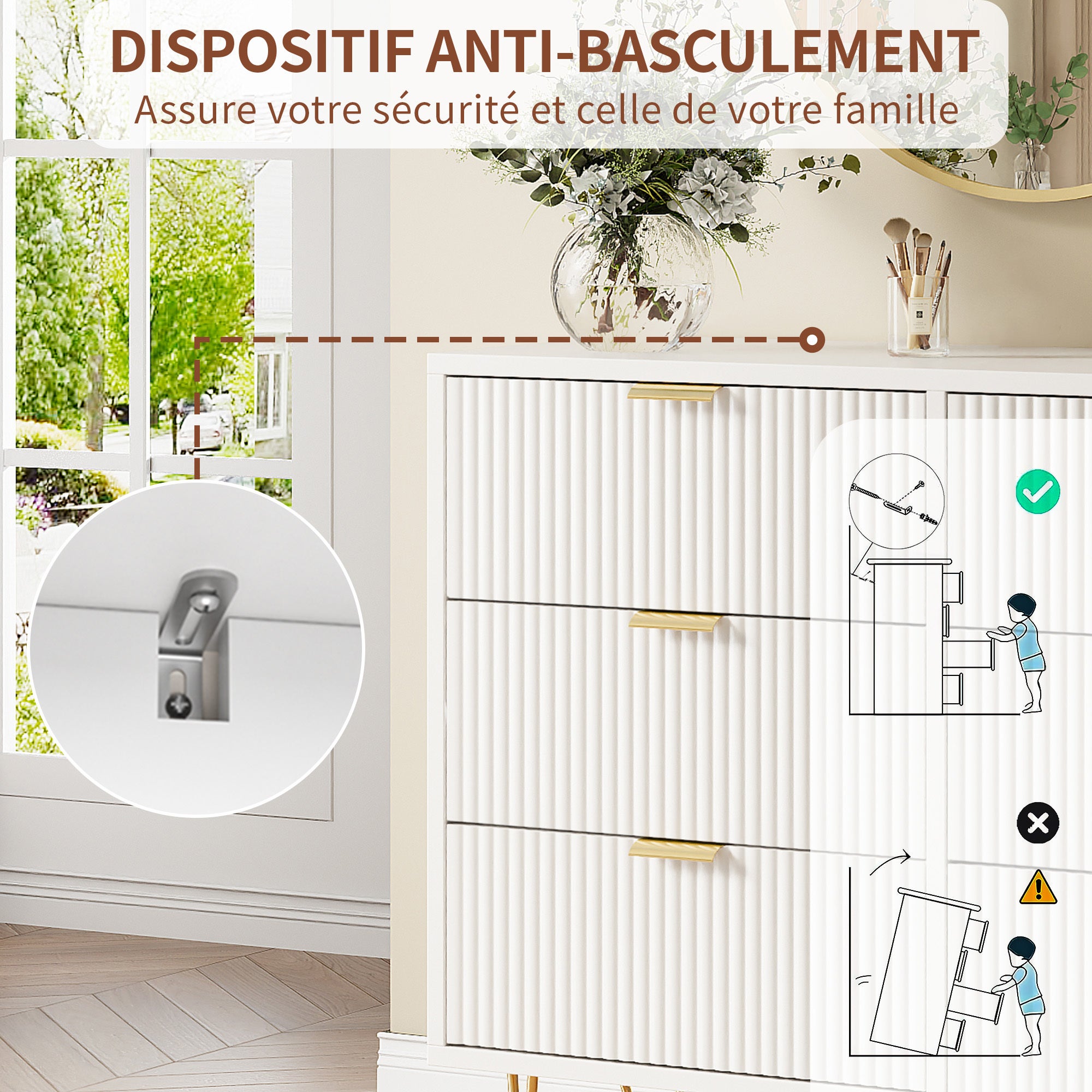 Commode à 6 tiroirs - 100 x 34 x 73 cm - avec poignées et pieds en métal doré - designe moderne armoire- blanc-pour Chambre à Coucher, Salon - 6