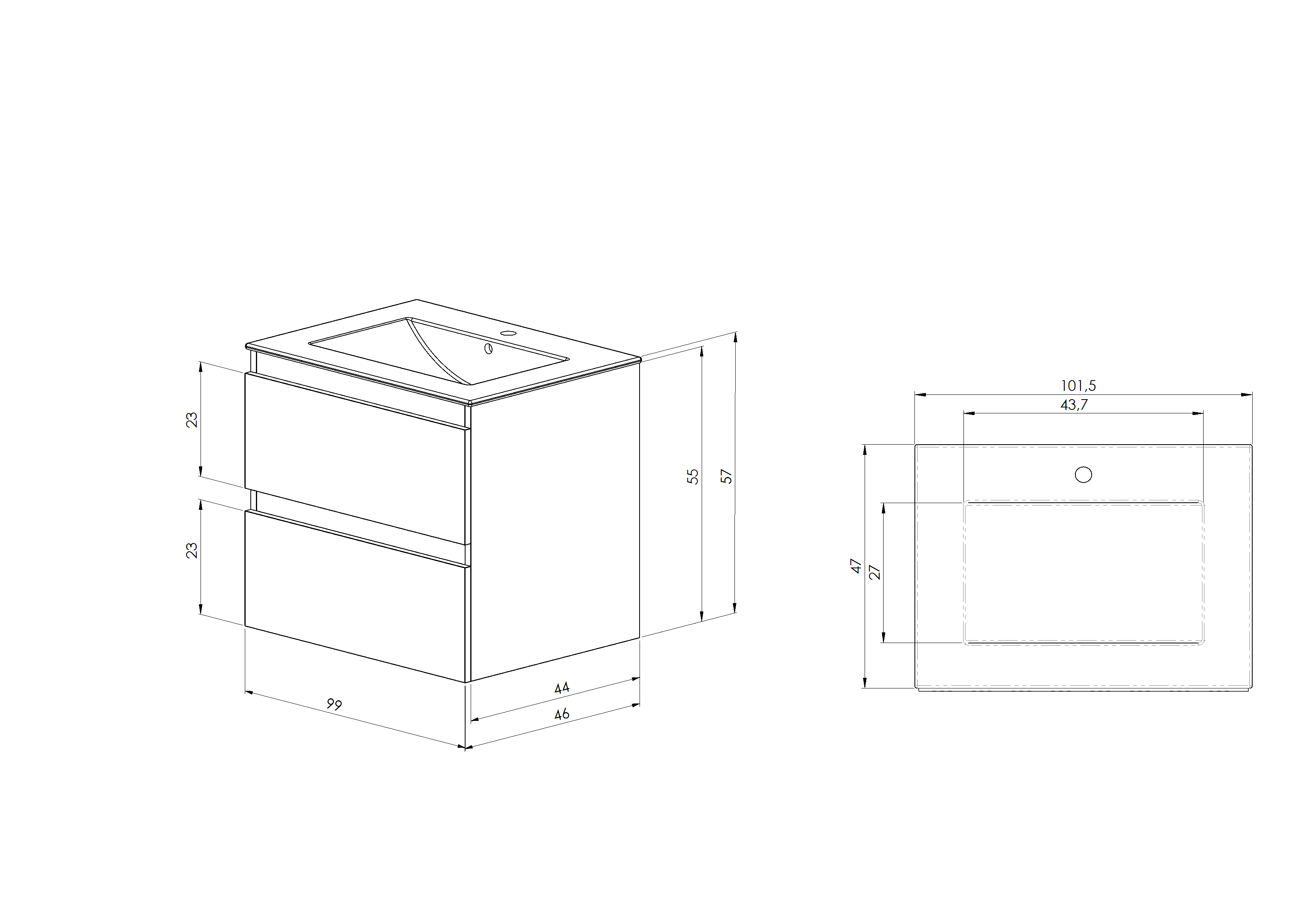 BELLOBATH - Móvel com Lavatório de Cerâmica, Móvel Montado com 2 Gavetas, 100 x 55 x 46 cm, Móvel Carvalho - 4