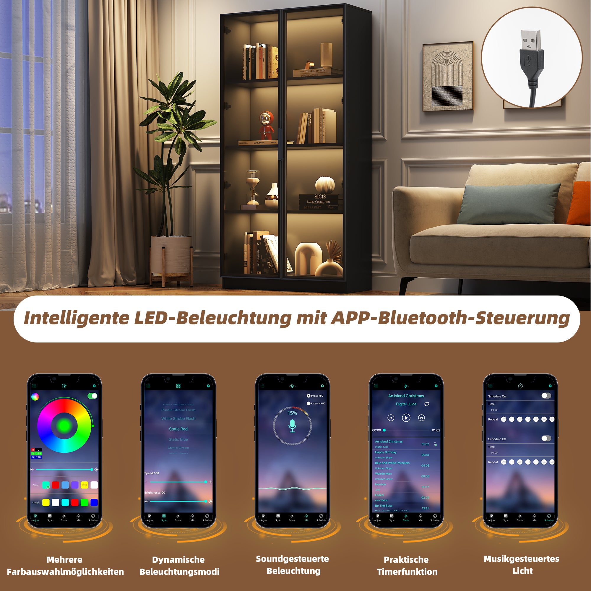 Vetrina con 2 ante in vetro - 80 x 40 x 160 cm - LED e ripiani mobili - Pannello truciolare - Nero - 8