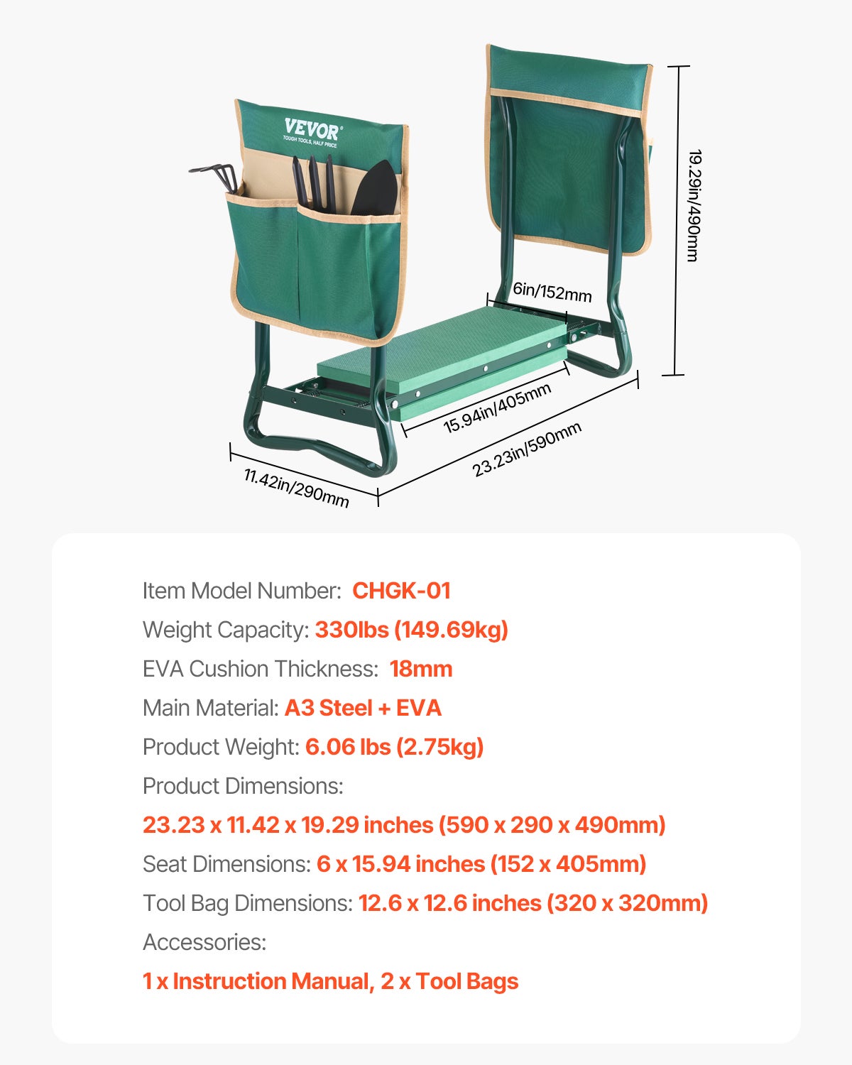 Tabouret Agenouilloir de Jardin VEVOR Coussin Large en EVA 150 mm Banc de Jardinage Pliable Charge 150 kg Siège Polyvalent Confortable,Personnes Âgées - 7