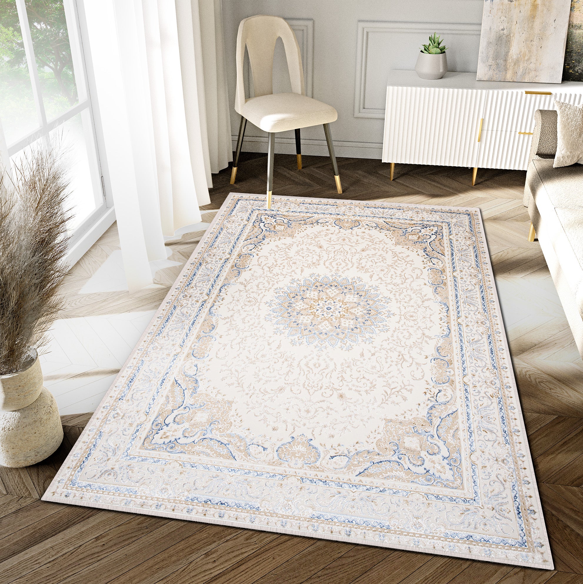 Tapiso hera alfombra de pelo corto brillante efecto 3d crema beige azul diseño clásico tradicional oeko-tex 120 x 170 cm