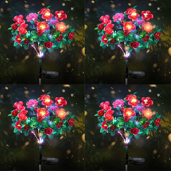 Zestaw 4 zewnętrznych lamp solarnych ogrodowych, czerwone solarne lampy kwiatowe azalii, lampy ścieżkowe do dekoracji