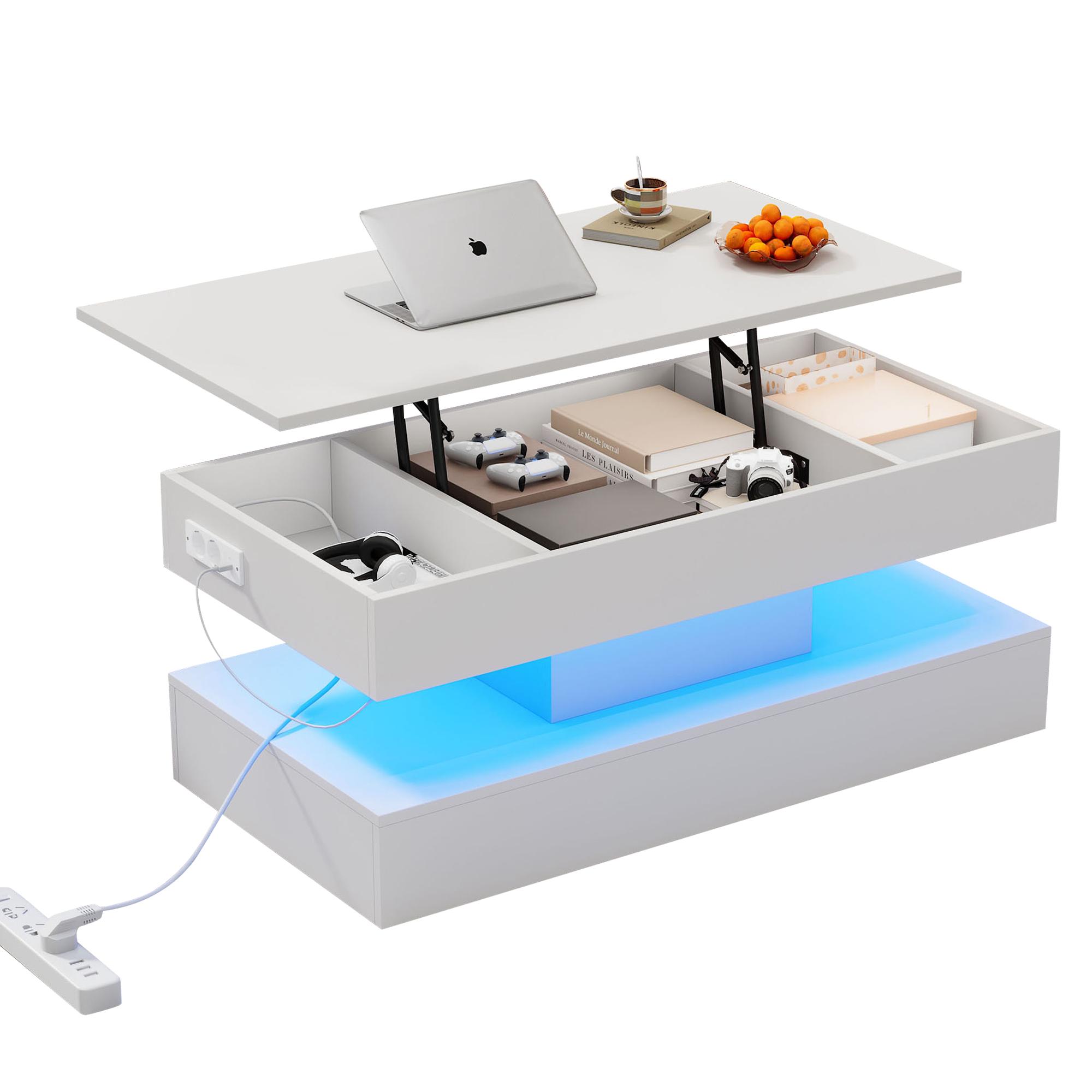 Podnoszony stolik kawowy z portami USB i ładowania - 100 x 50 x 42 cm - diody LED - płyta wiórowa - biały - 8