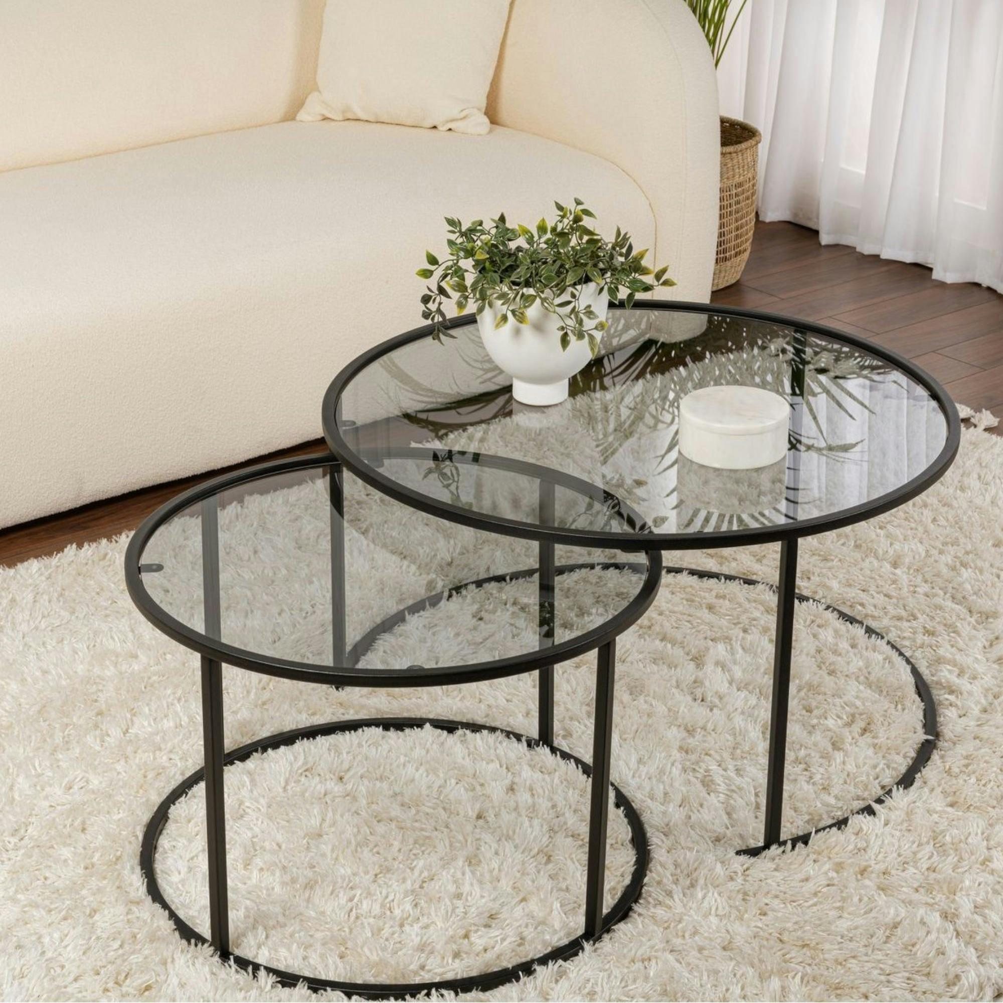 Set De 2 Tables Basses Gigognes Rondes Verre Et Métal - Design Moderne Et Gain De Place