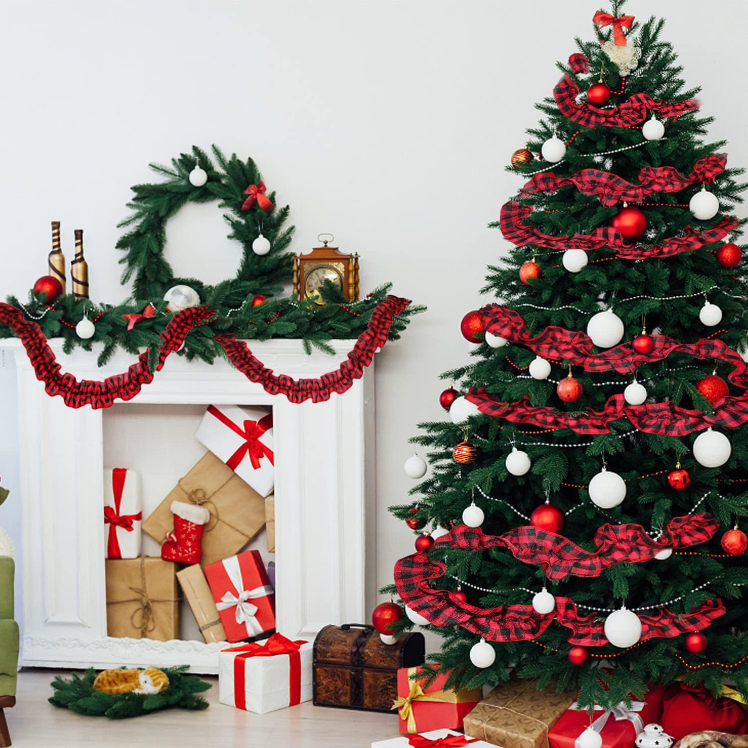Fitas de Natal para decoração de árvore de Natal, 2,7 m x 6 rolos, guirlanda de fita de tecido xadrez, decoração natalina para casa. - 4