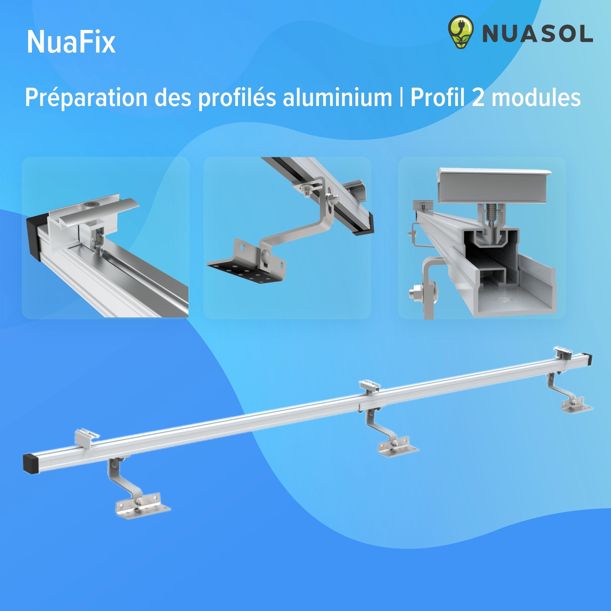 NUASOL Lot de 2 crochets de toit photovoltaïques PV pour toit de tuiles - Avec profilé solaire en aluminium, embouts de 35 mm, jusqu'à 115 cm - 6