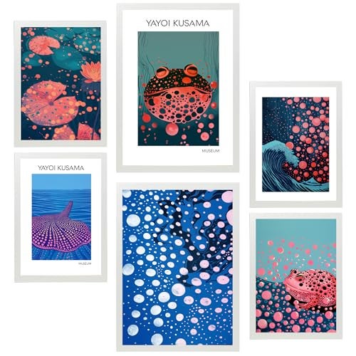 Set de 6 yayoi kusama fish water nature blue japanise cuadros con ilustración de diseño para decorar. tienda. a3 y a4. marco blanco