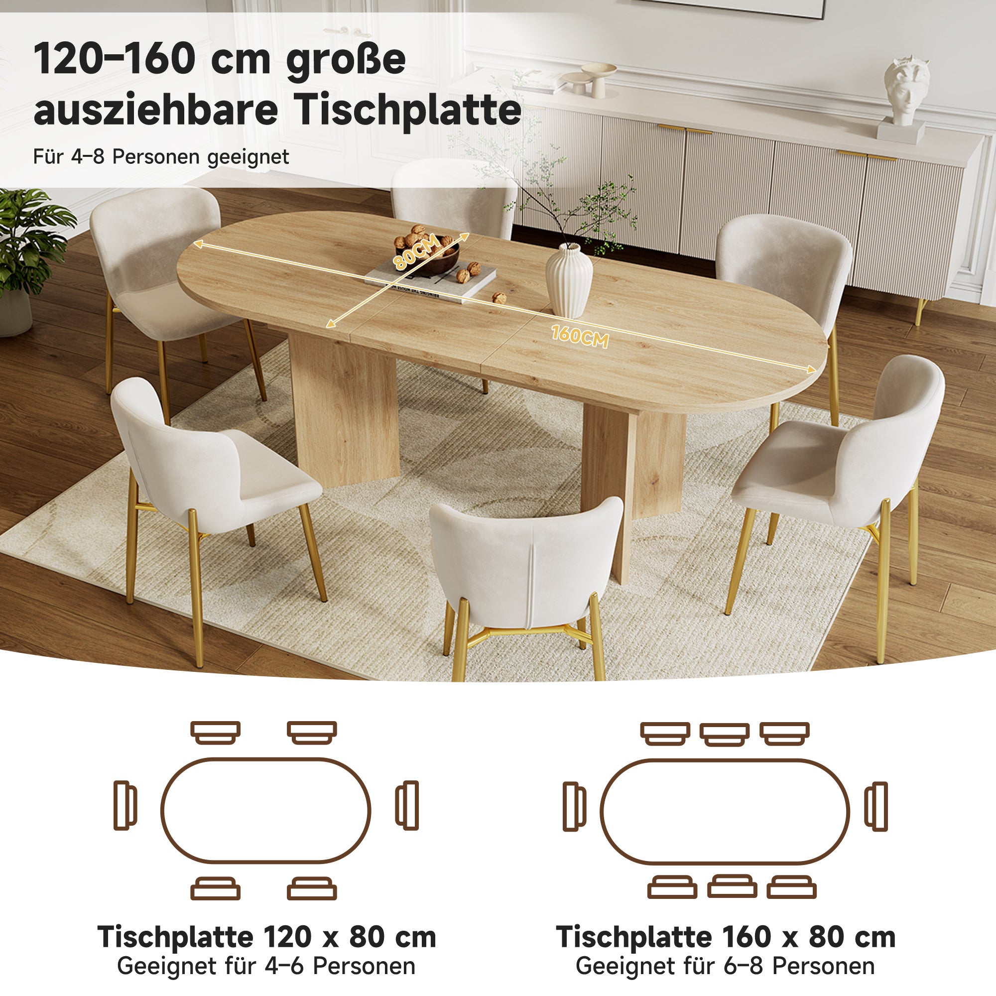 Table à manger extensible pour 4 à 6 couverts - 120/160 x 80 x 75 cm - Coins arrondis et plateau épais - MDF - Chêne - 6