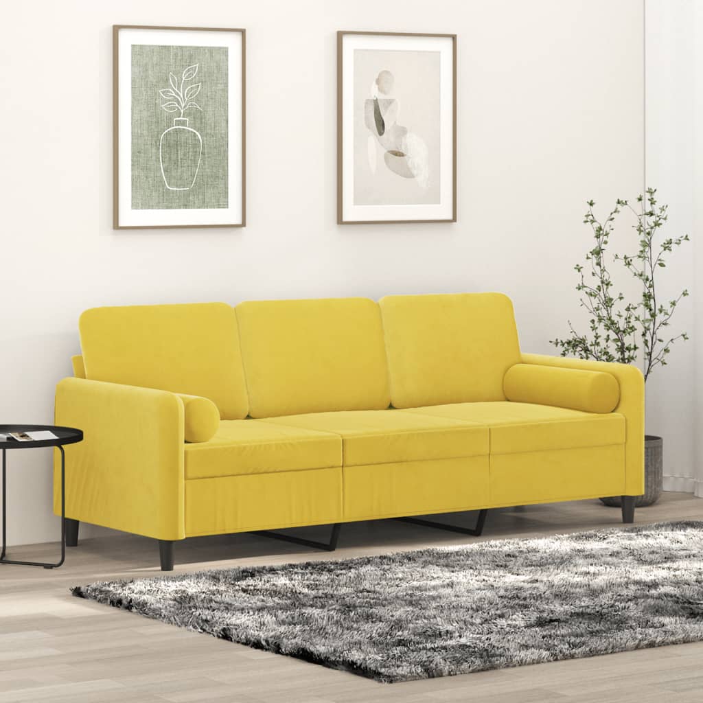 Sofá de 3 plazas con cojines decorativos amarillos 180 cm de terciopelo.