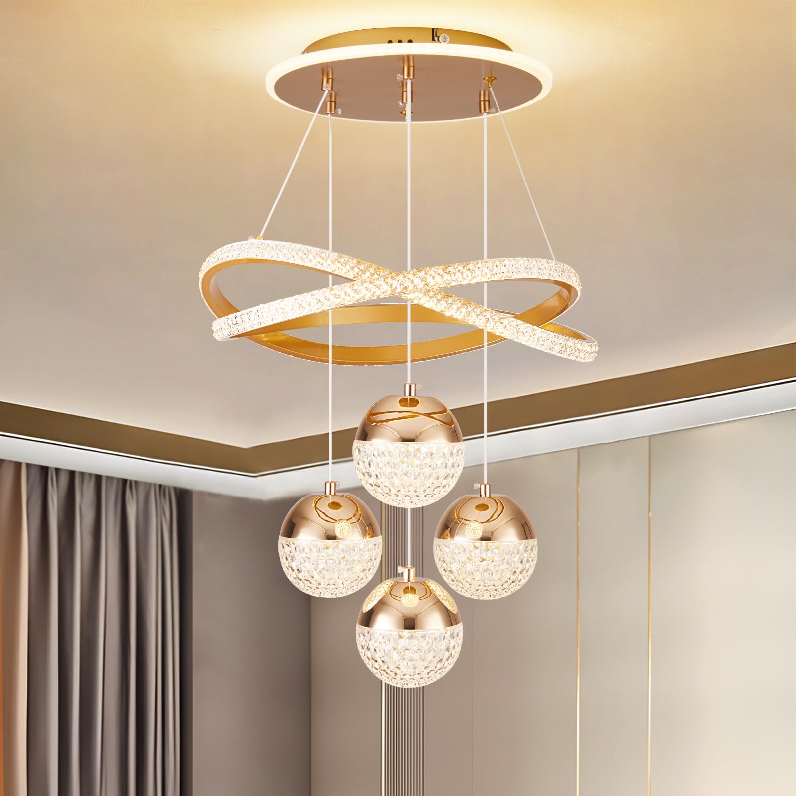 LEDANDER Lustre LED moderne, plafonnier, lampe LED, variateur tricolore, design doré à quatre sphères, convient pour la salle à manger et la chambre - 5