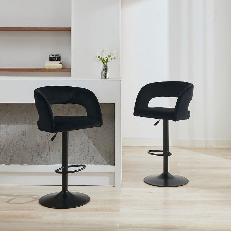 Zestaw 2 stołków barowych z weluru i metalu - Regulowana wysokość - Czarny - LAJUNIA
