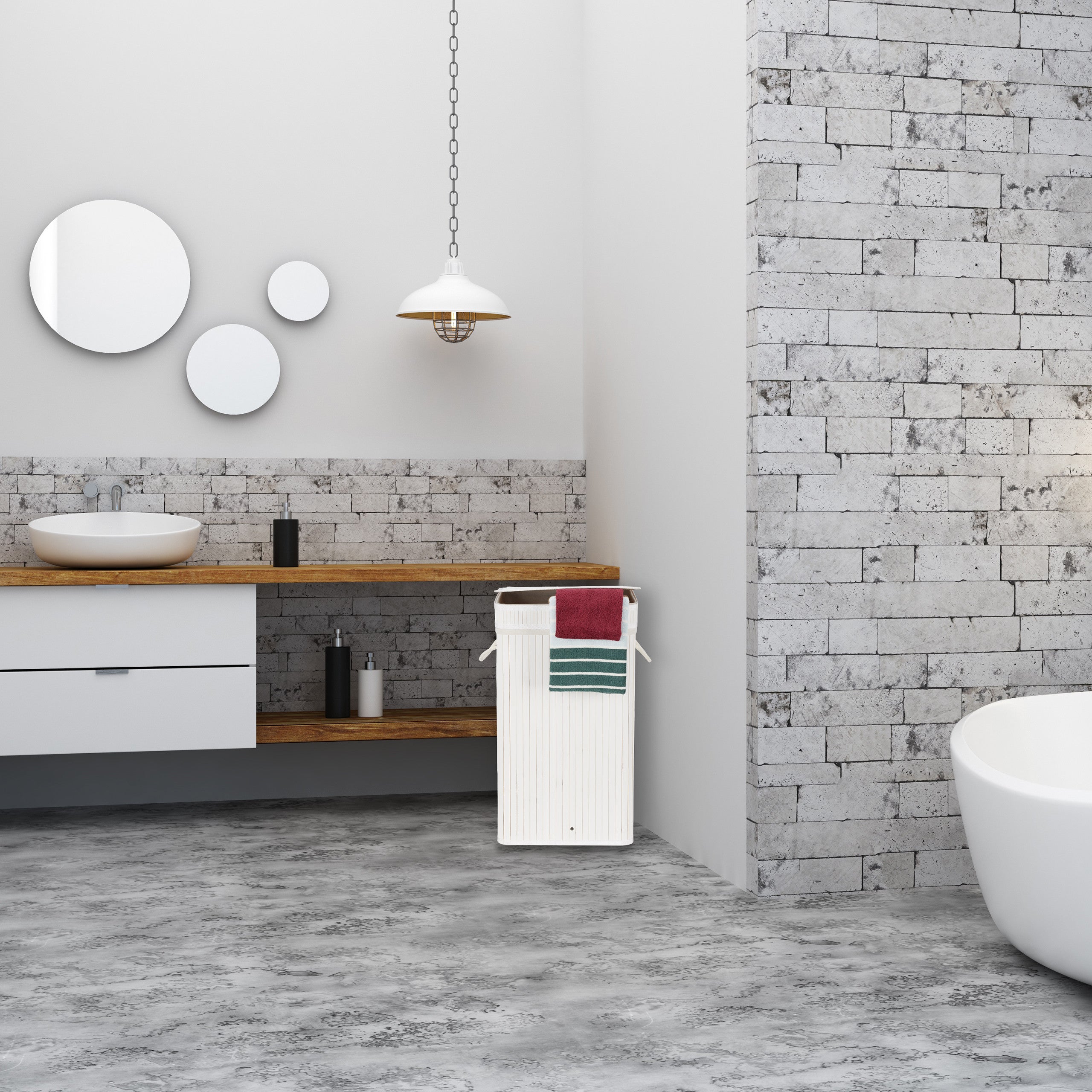 Corbeille à linge pliable, Bambou, avec anse, 70 litres, couvercle, HxlxP 63 x 36 x 36 cm, blanc, Relaxdays - 2