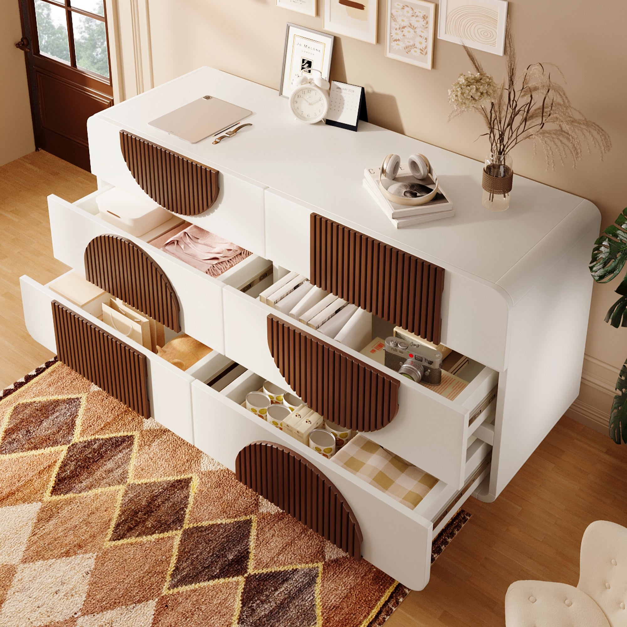 Buffet moderne 121x41x71cm - avec 6 tiroirs coulissants silencieux - conception géométrique - avec des lattes en bois marron chocolat - Blanc + Marron - 3
