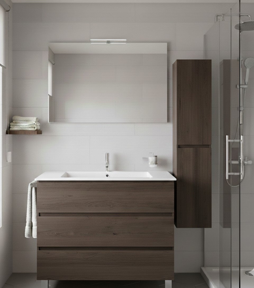 Set Mobilier de baie BALDER Gata Asamblat 3 sertare cu picioare, lavoar și oglindă Frasin tea 100x40 cm cu dulap coloană