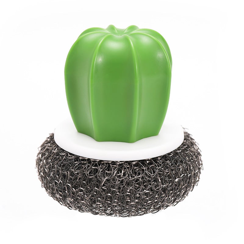 pezzi di spazzole da cucina creative a forma di cactus, spazzola per lavaggio in acciaio inossidabile con pallina di spugna in filo metallico e manico - 5