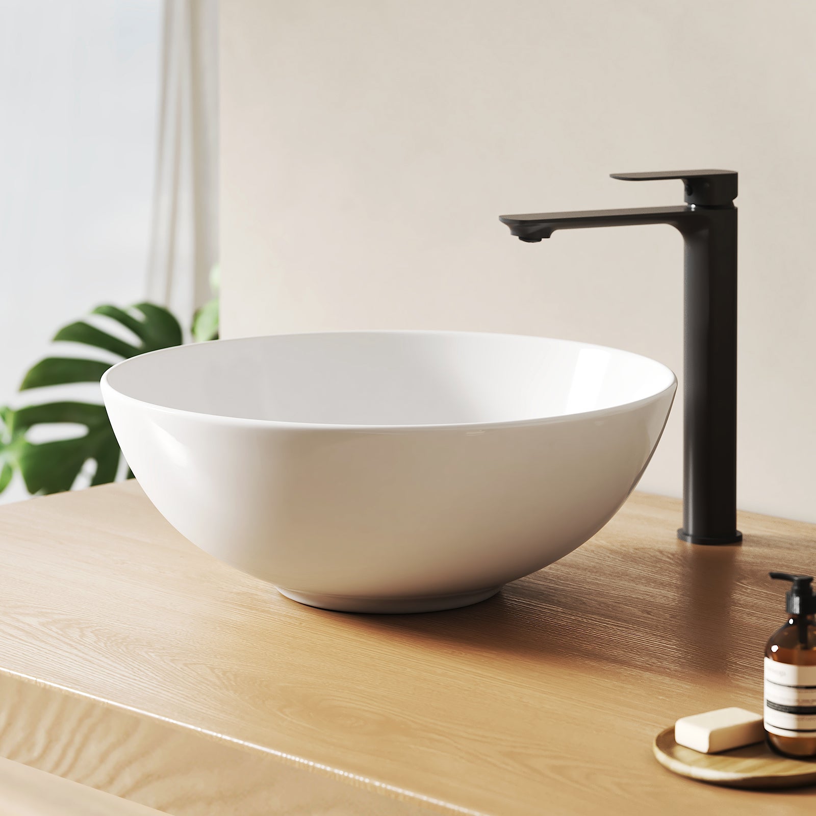 EMKE Okrągła Umywalka nablatowa 41.5x41.5x15.5 cm, Umywalka ceramiczna łazienkowa, montaż nablatowy, brylantowa biel