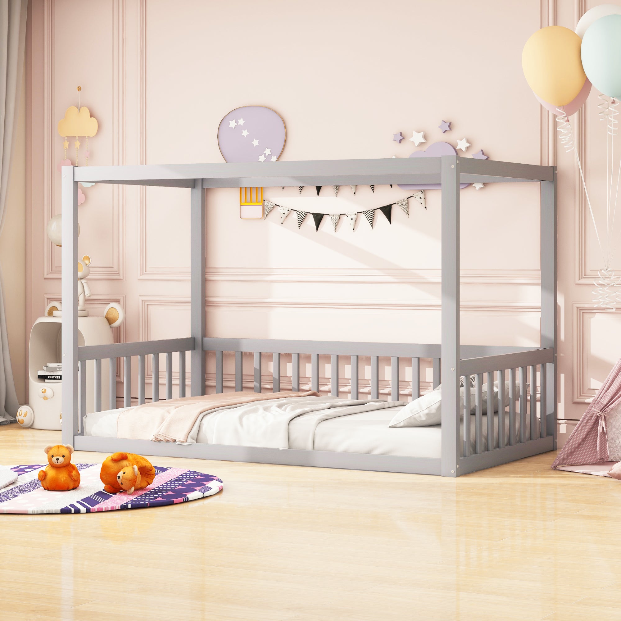 Lit pour enfant avec barrière de sécurité - 90x200cm - bois massif - blanc