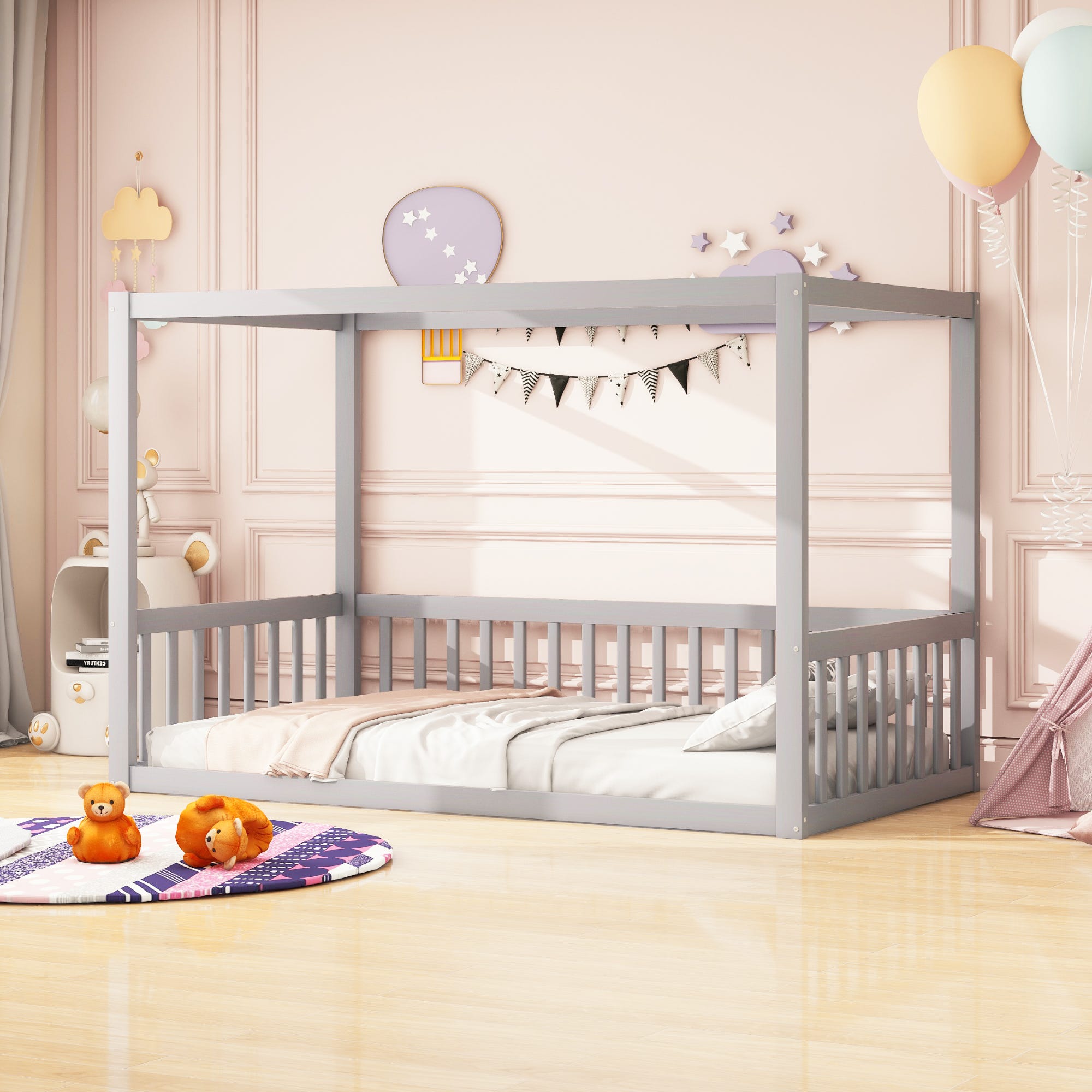 Lit pour enfant avec barrière de sécurité - 90x200cm - bois massif - blanc Lit pour enfant avec barrière de sécurité - 90x200cm - bois massif - blanc