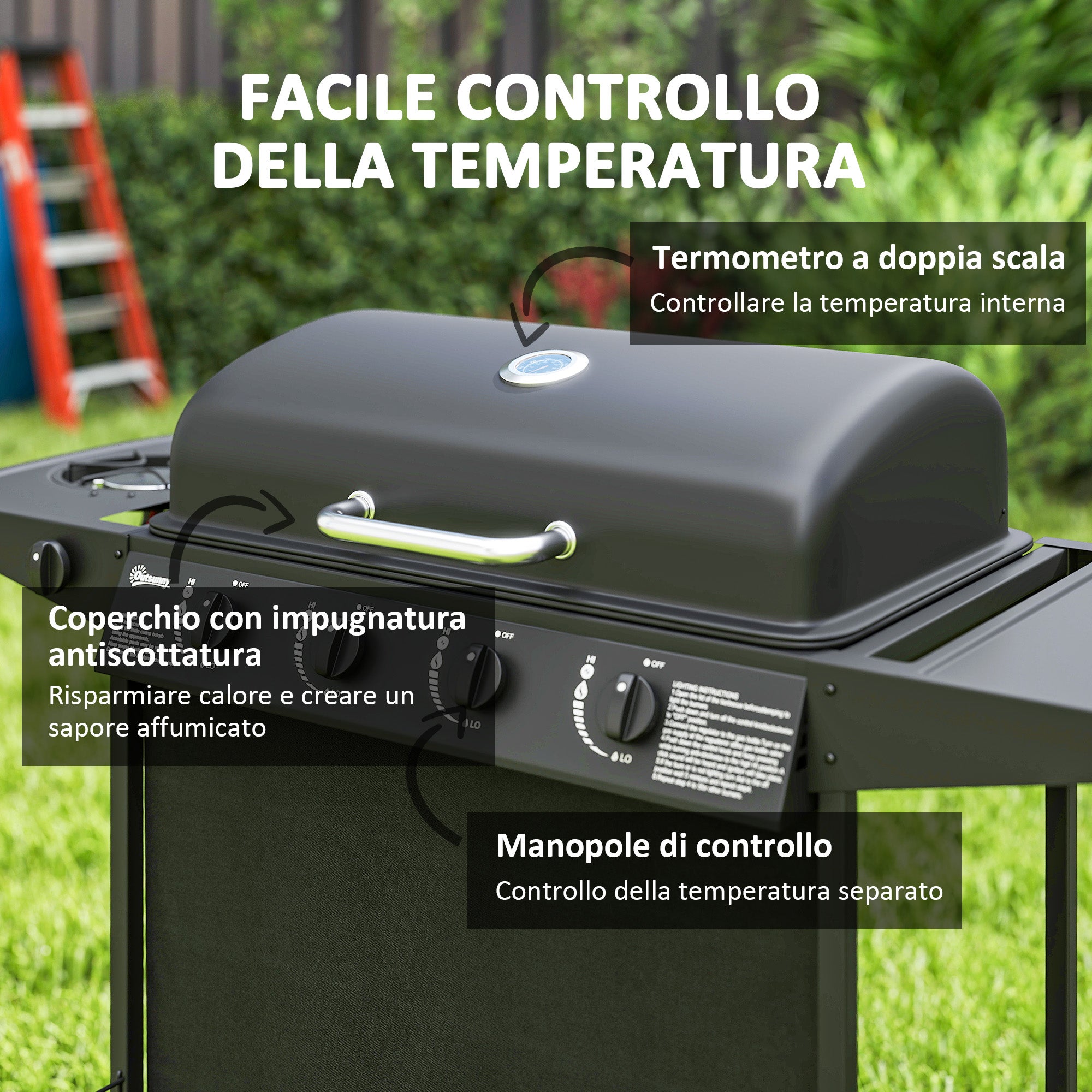 Outsunny Barbecue a Gas con 4+1 Bruciatori Indipendenti e Coperchio con Termometro, 121x54x97 cm, Nero - 5