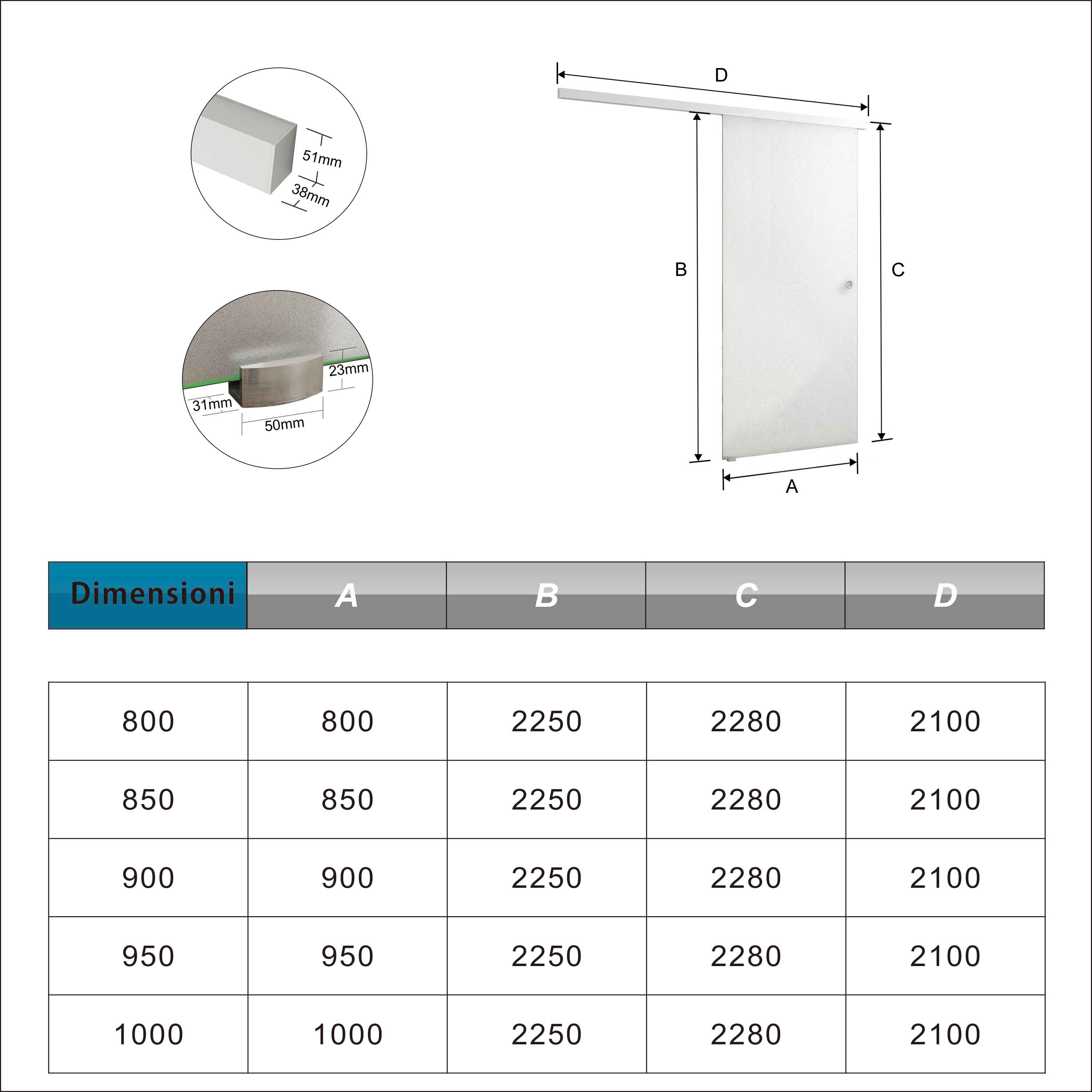 85x225 cm Porta Scorrevole in Vetro da 8 mm Temperato Opaco con Pellicola Anti-frantumi con Binario in Alluminio Bianco Verniciato - 5