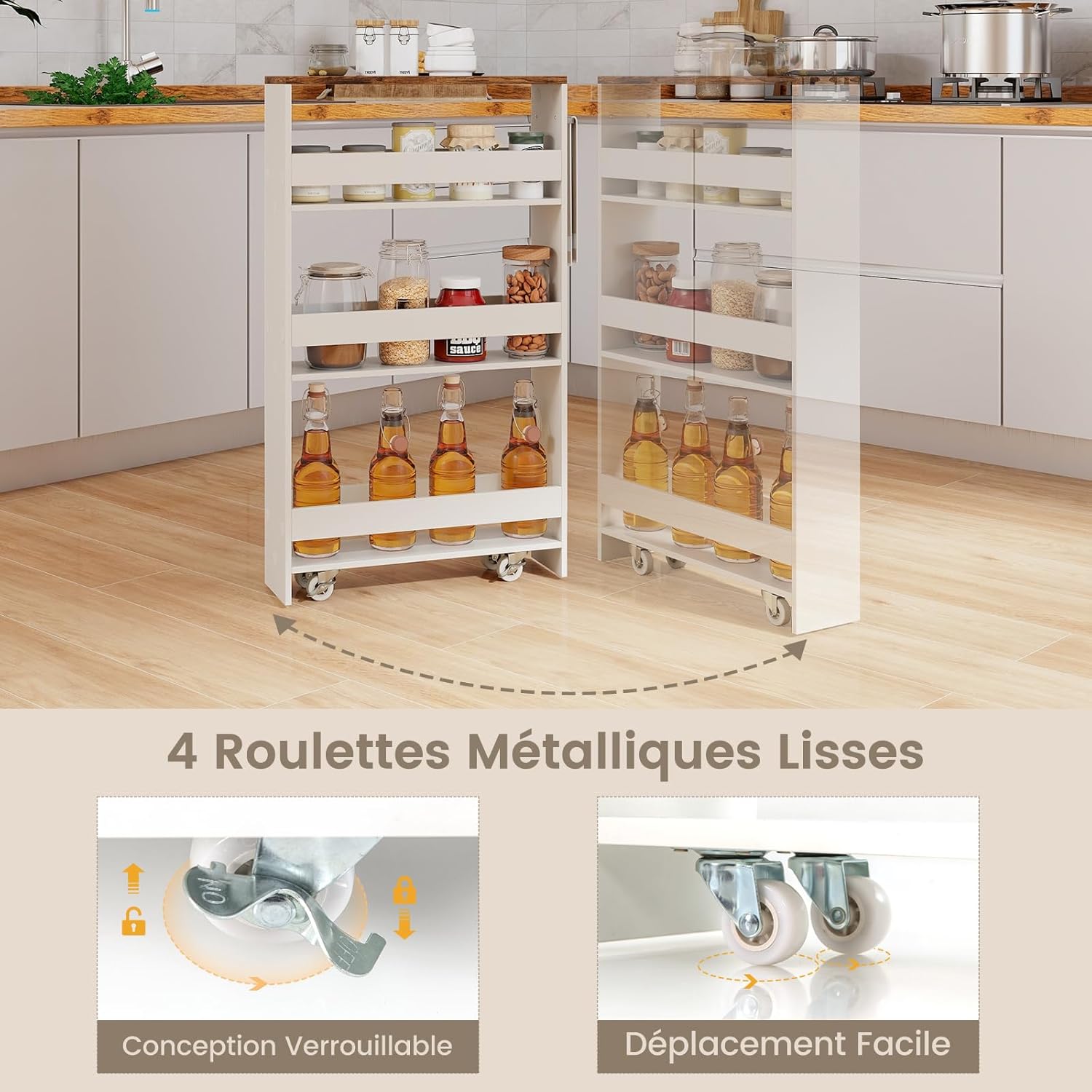 Chariot de Rangement Largeur 13 cm à roulettes, Desserte de Cuisine à 4 Niveaux, Poignée Latérale et Roues Universelles avec Freins (Blanc+ Brun) - 5