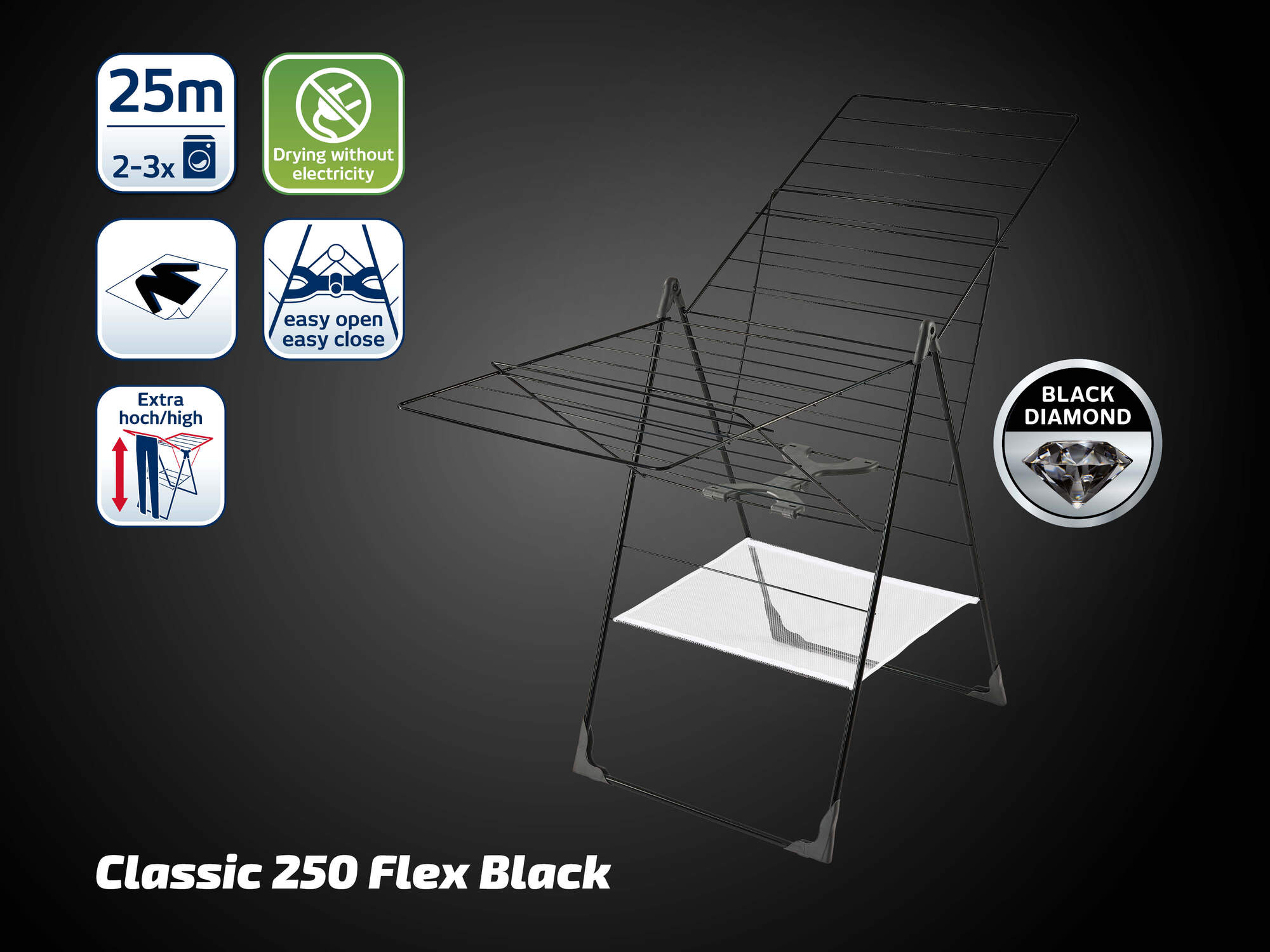 Leifheit étendoir à linge Classic 250 Flex Black 81472, séchoir à linge stable 25m d'étendage, hauteur réglable, noir - 2
