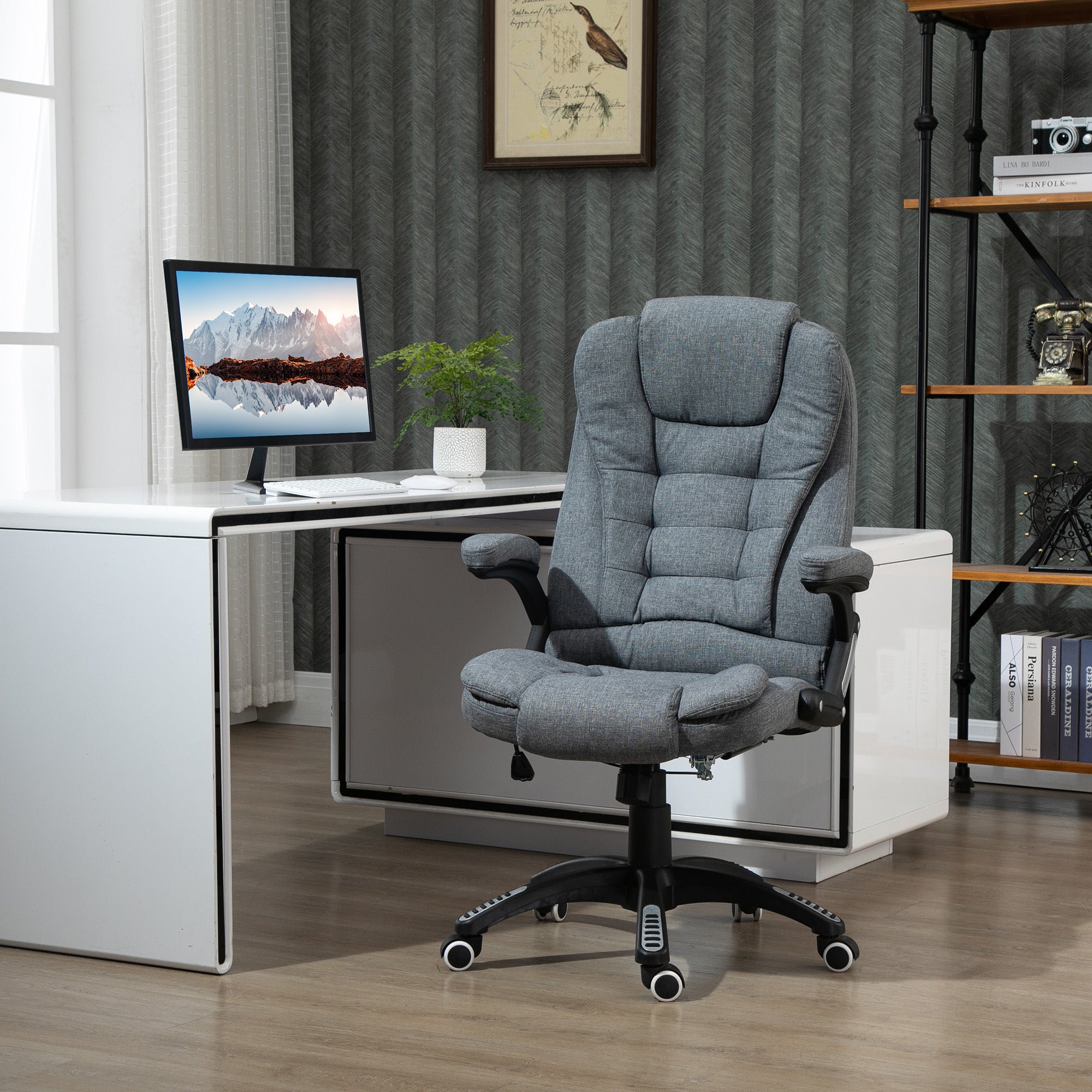 Vinsetto Sedia Ufficio Ergonomica Grigia, Reclinabile Fino A 130°, Altezza Regolabile, Con Ruote E Funzione Dondolo. Schienale Alto, Portata 120kg, Dimensioni 65x72x110-120cm.