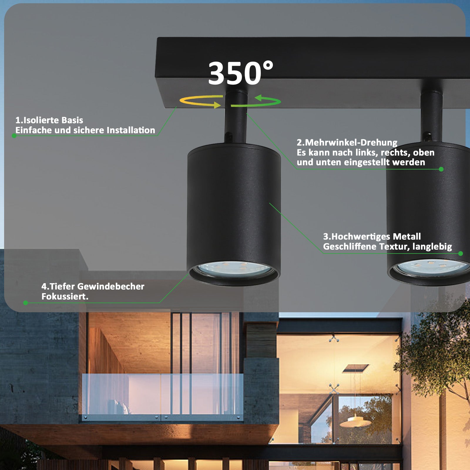 NETTLIFE Czarne Reflektoroway sufitowe LED GU10, regulowane w zakresie 350°, nowoczesne do przedpokoju, salonu, sypialni, bez żarówki - 3