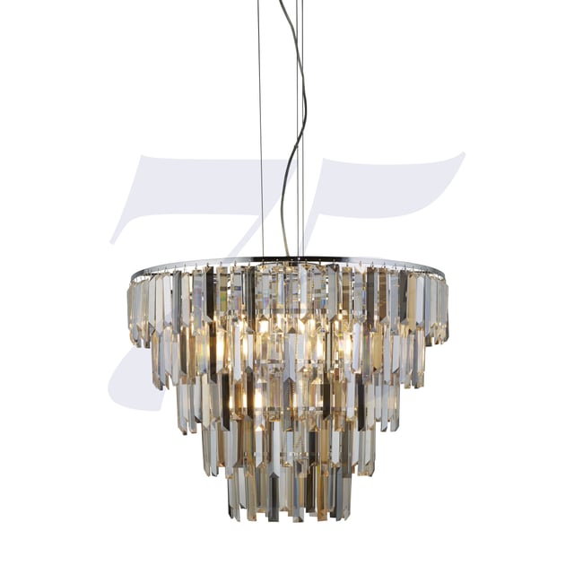 Searchlight CLARISSA - Lampada da soffitto a 9 luci cromata con gocce di prisma in cristallo fumé e ambra