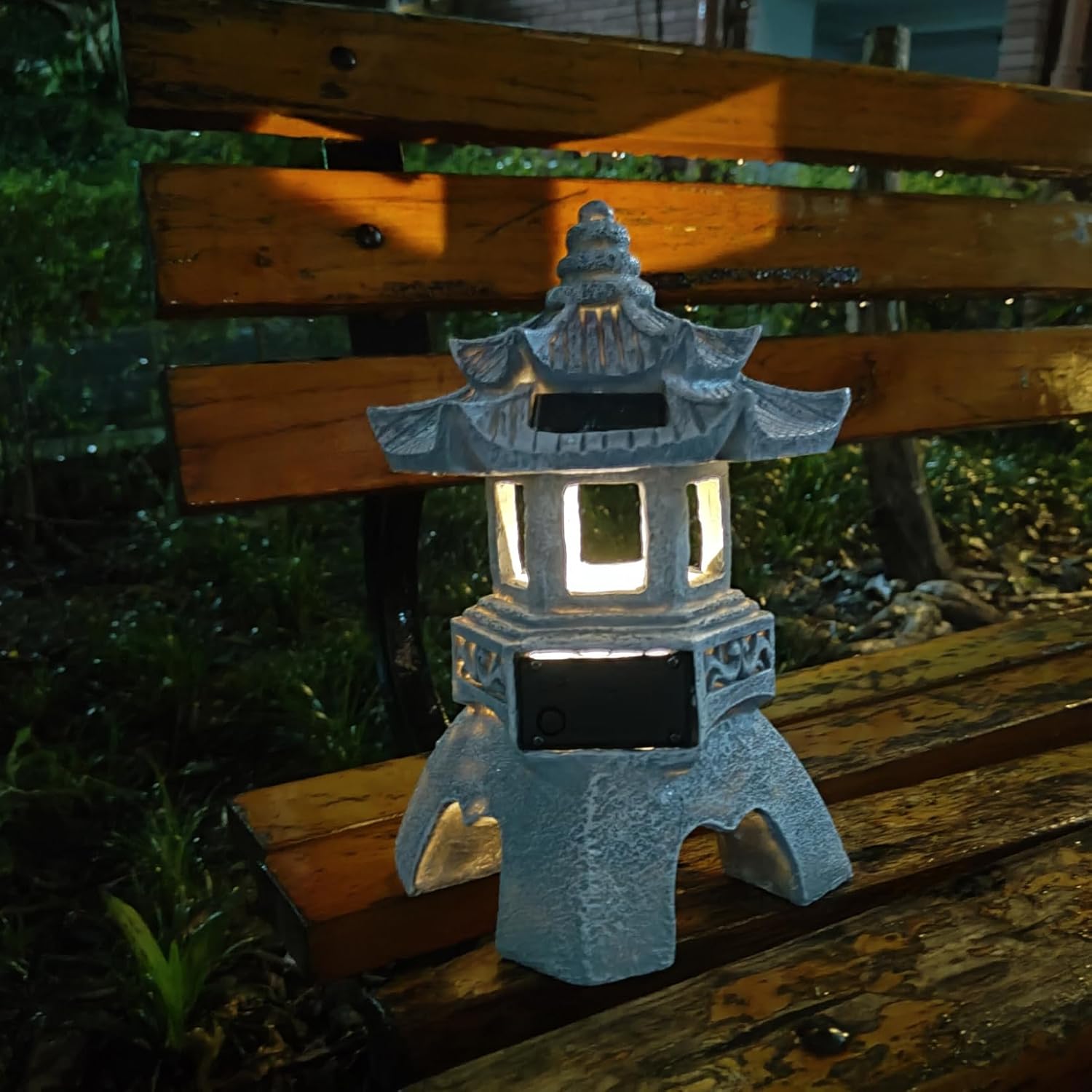 Décoration de Jardin, Statue de Jardin Pagode, Style Japonais, Résine Résistante aux UV, Lanterne Solaire, Gris - 4
