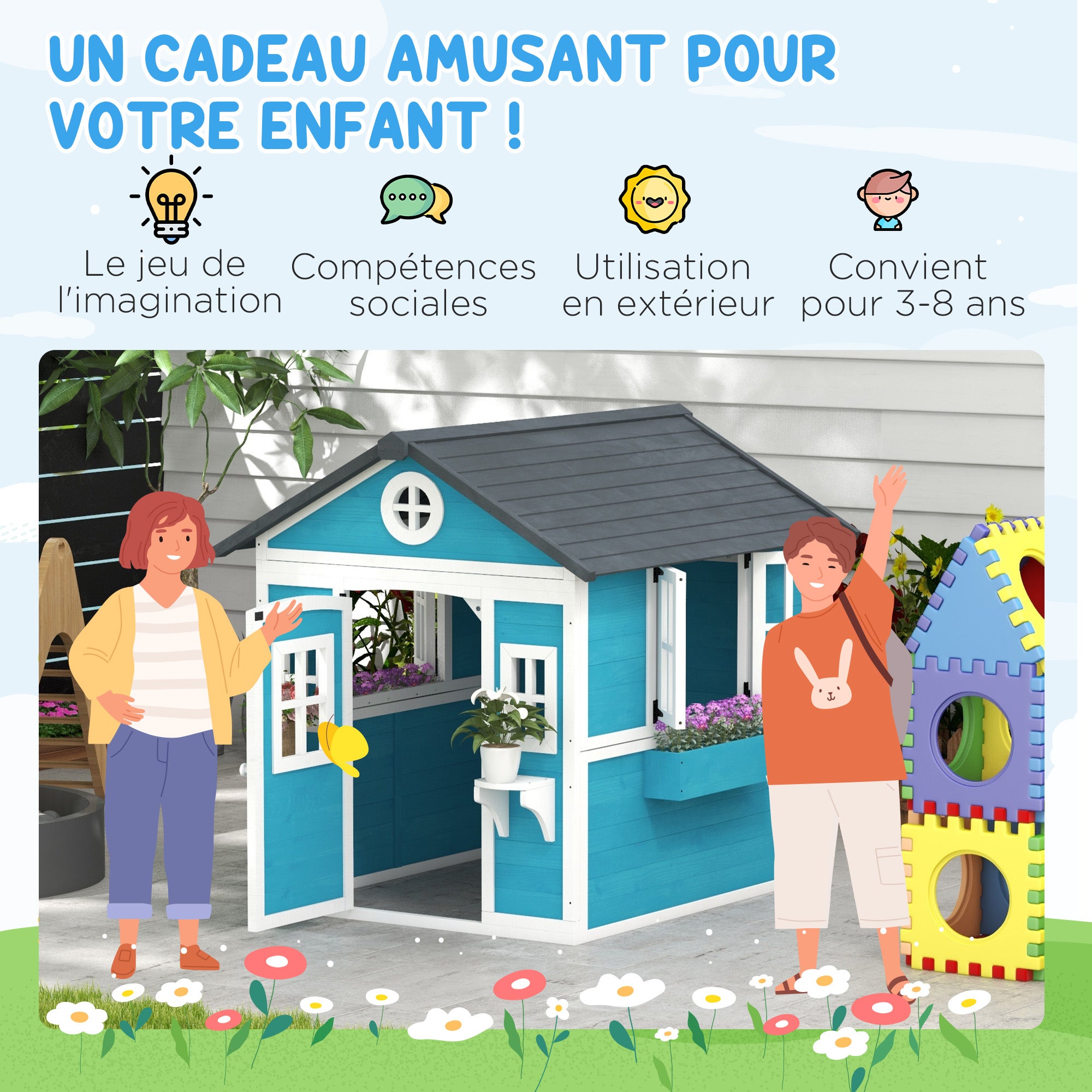 Cabane enfant extérieur maison enfant extérieure avec porte fenêtres et jardinières 114 x 126,4 x 135 cm bleu pour la maison - 8