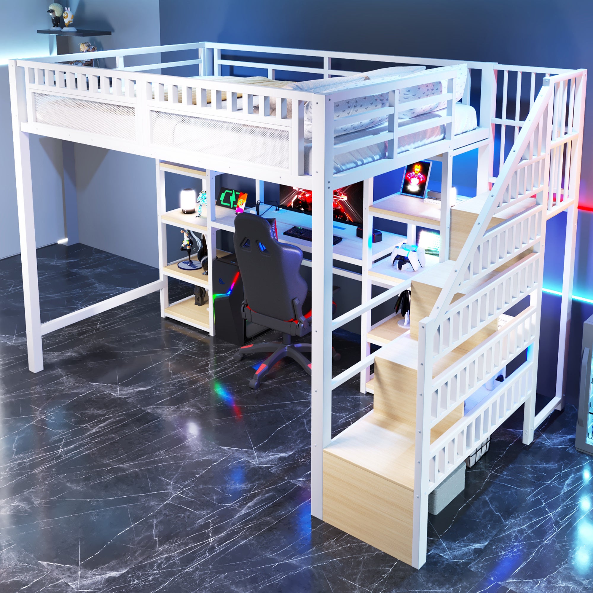 Łóżko piętrowe 140 x 200 cm z biurkiem, półkami - MDF + rama żelazna - listwa świetlna LED i port USB - białe (materac nie jest wliczony w cenę) - 4