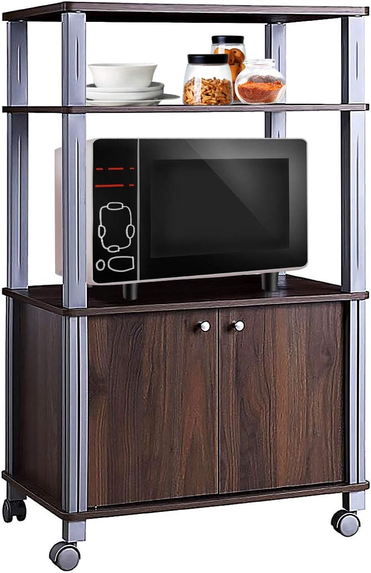 Półka Kuchenna, Półka na Kuchenkę Mikrofalową i Piekarnik z Litego MDF, Mebel do Przechowywania na Kółkach z Szufladą i 2 Otwartymi Półkami (Orzech)
