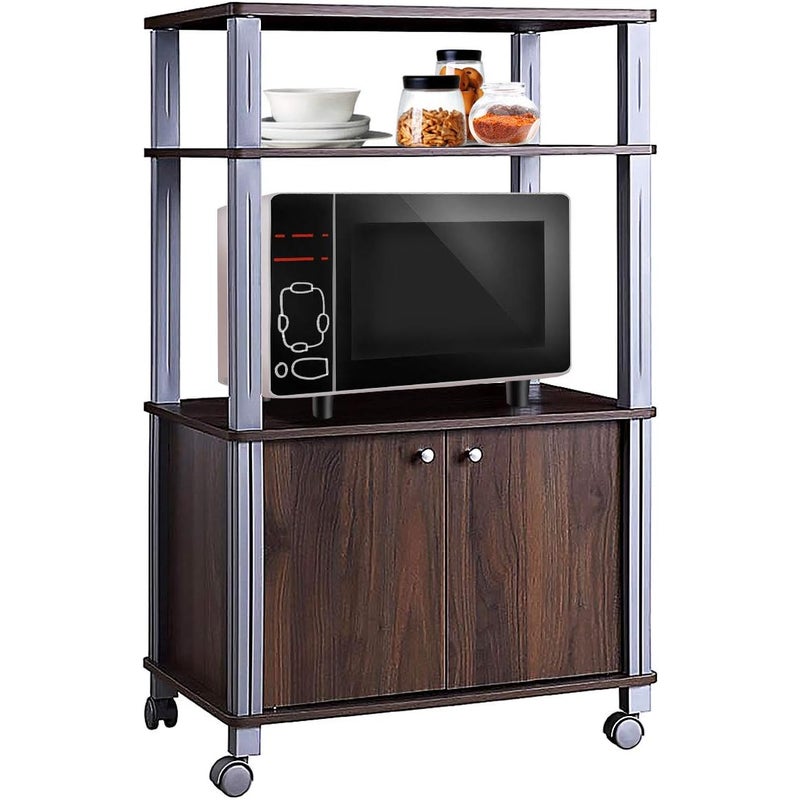 Półka Kuchenna, Półka na Kuchenkę Mikrofalową i Piekarnik z Litego MDF, Mebel do Przechowywania na Kółkach z Szufladą i 2 Otwartymi Półkami (Orzech)