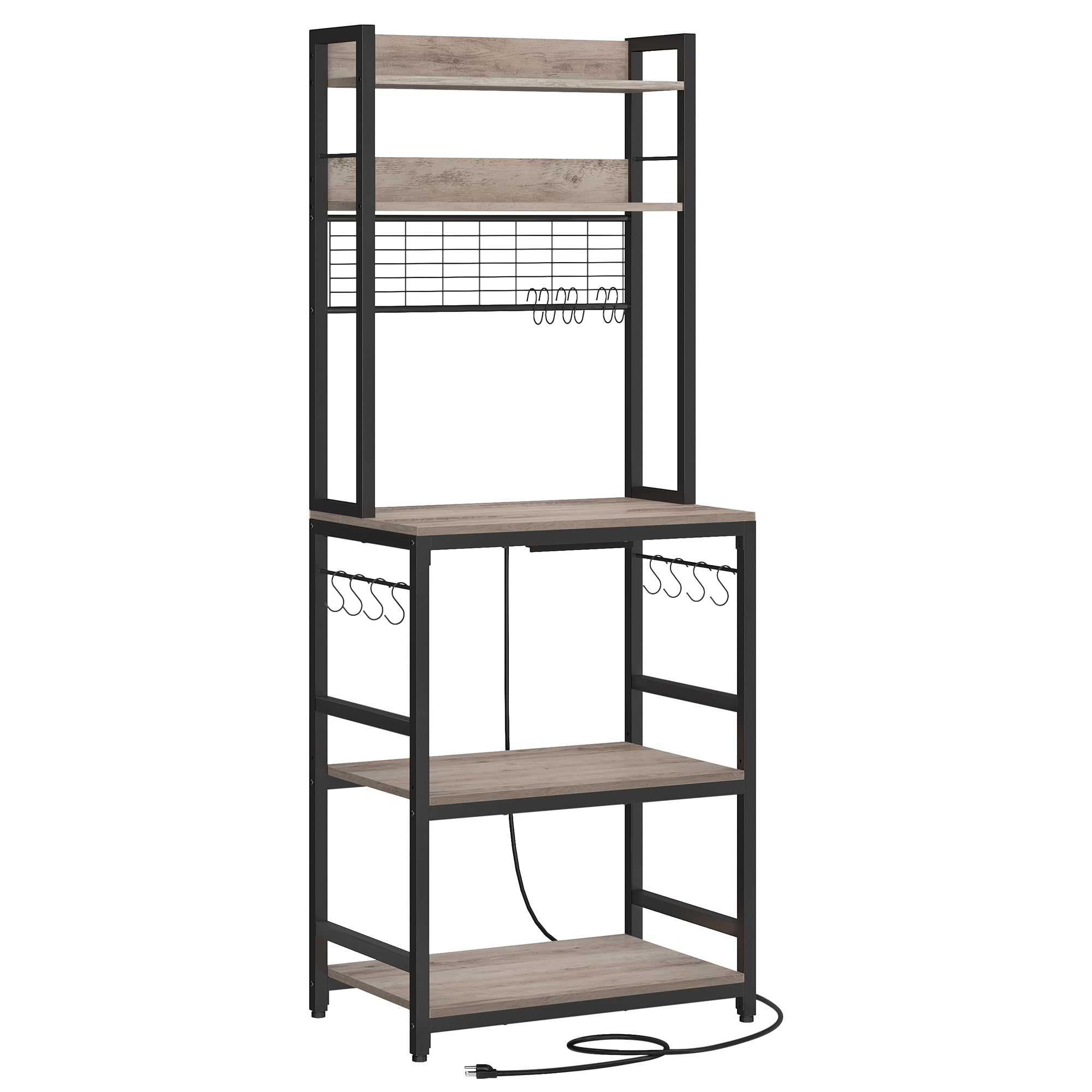Estantería de cocina con toma de corriente y soporte para microondas - alambre de metal, 14 ganchos, 40x60x170 cm, greige