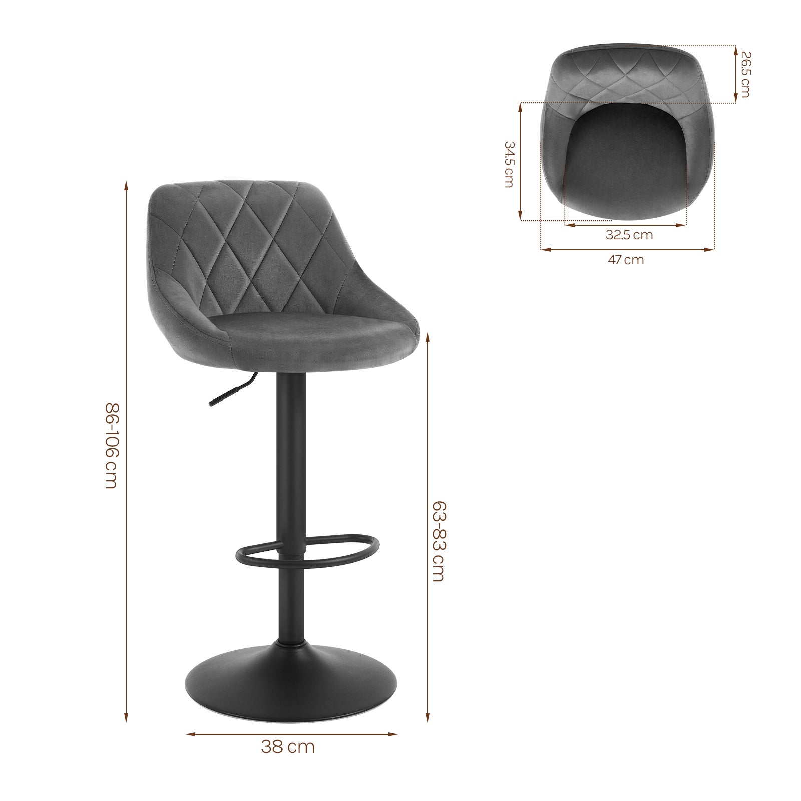 WOLTU 1 X Tabouret de bar siège bien rembourré en velours . Chaise de bar. Hauteur réglable pieds en métal. Gris Foncé - 4