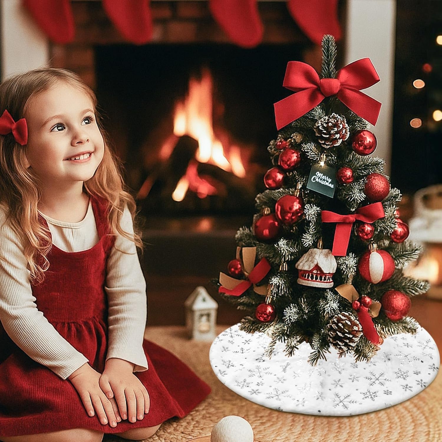 Saia para árvore de Natal, base para árvore de Natal, tapete para árvore de Natal, lantejoulas de floco de neve prateadas (branco, 150 cm) - 4