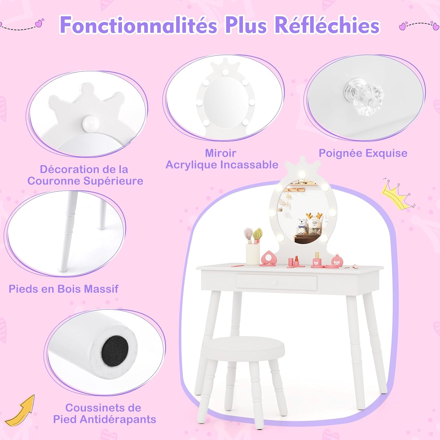 Set Toeletta Trucco per Bambina con Sgabello, Specchiera Trucco Staccabile con Luci LED a 3 Colori, Postazione Trucco Giocattolo con Cassetto - 7