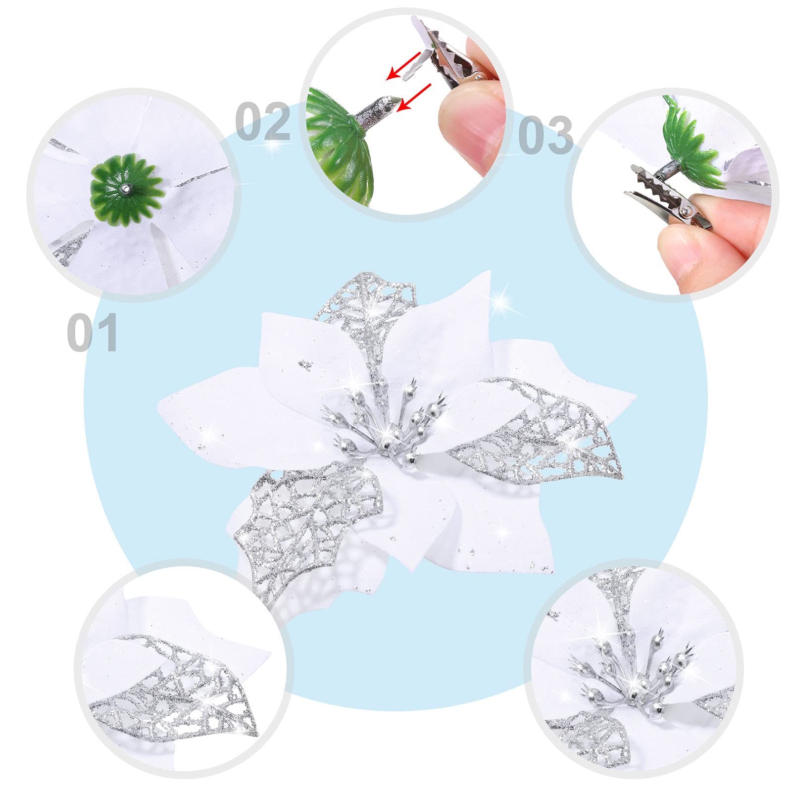 Lot de 50 décorations de Noël, fleurs artificielles scintillantes avec clips, décorations pour sapin de Noël, pendentifs de fleurs artificielles - 5