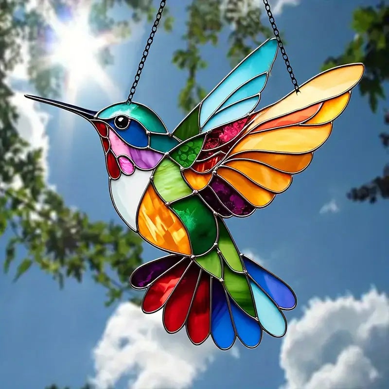 Panneau Vitrail Suspendu Ancien – Scène Florale Et Colibri – Détaillé – 16,5 X 10 Pouces