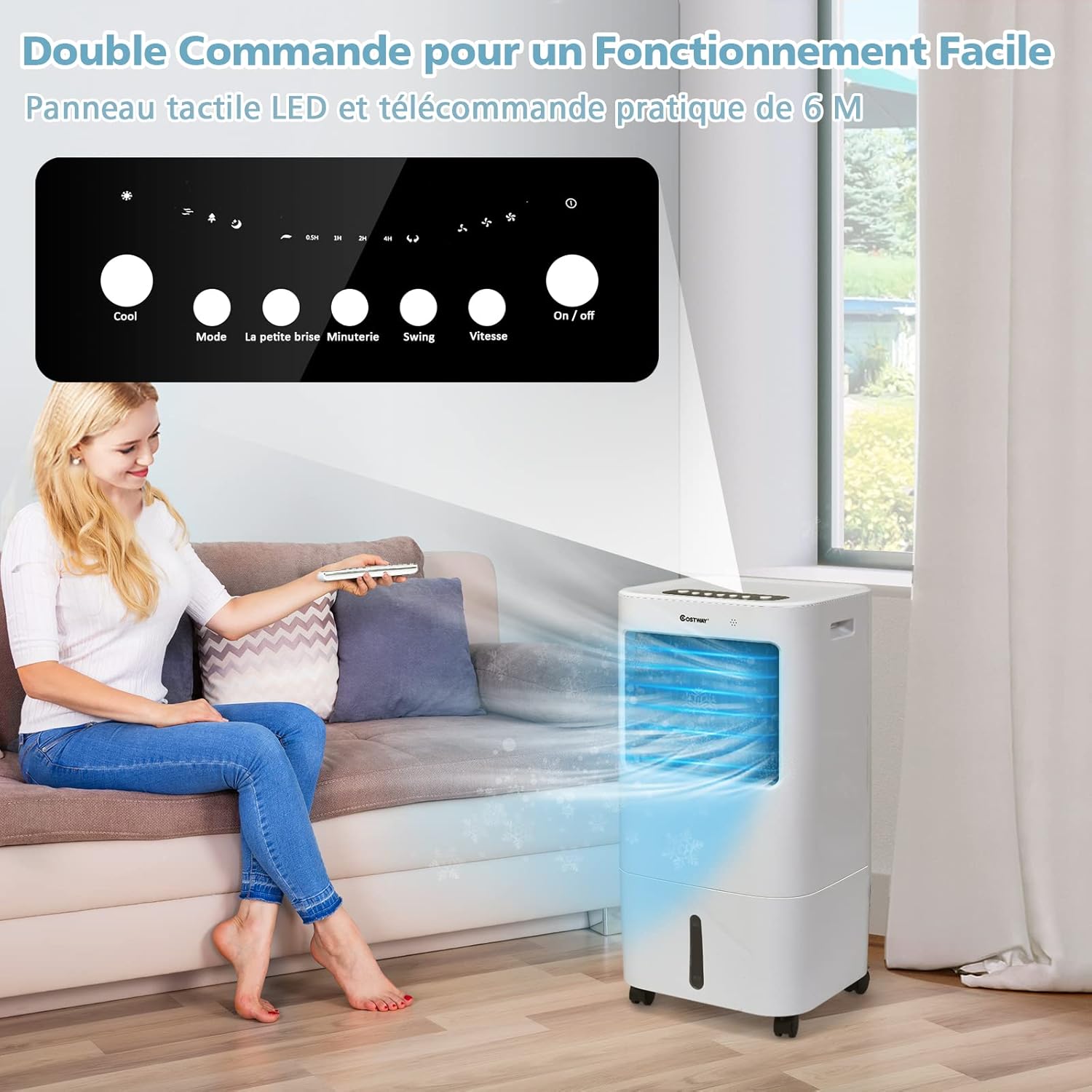 Rafraîchisseur d'Air Mobile 65W Réservoir 20L Ventilateur Humidificateur Oscillation 40° 3 Modes 4 Vitesses Minuterie 7,5H, 2 Glacières - 3