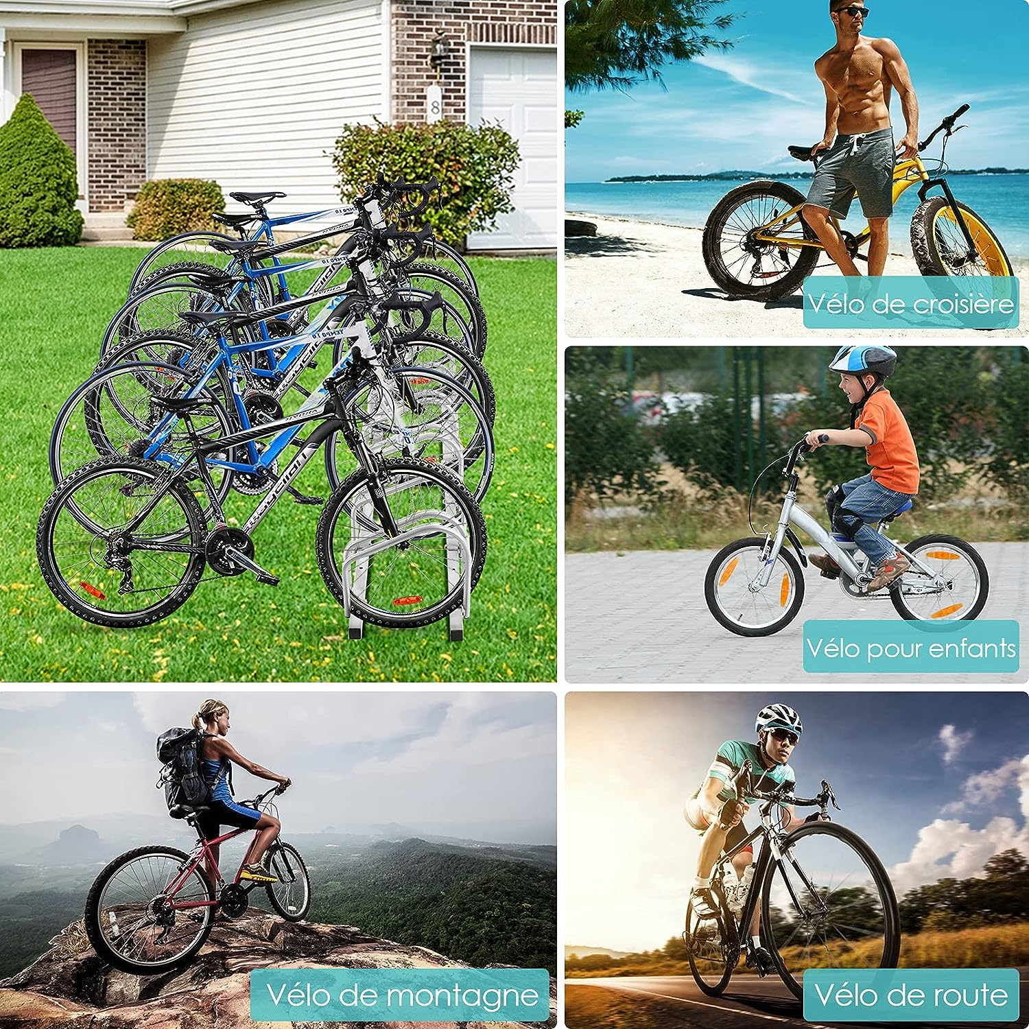 Râtelier 6 Vélos en Acier Revêtu Fixation au Sol ou Mur, Résistant aux Intempéries, 180x33x26 cm, pour VTT, Vélo de Course, Vélo d’Enfant, Argent - 3