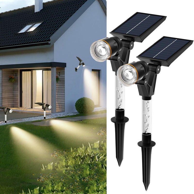 Zestaw 2 wodoodpornych lamp solarnych zewnętrznych, solarna lampa ogrodowa, kinkiet 3000 K, reflektor ogrodowy krajobrazowy