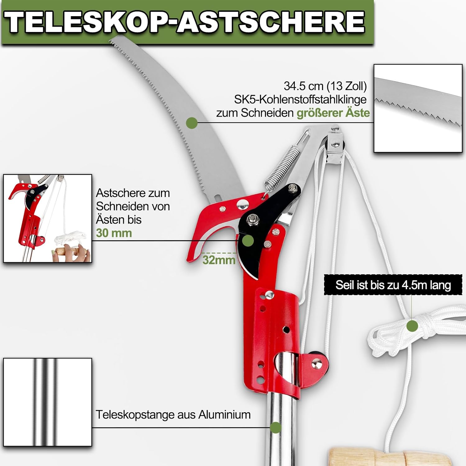 Troncarami telescopico con lama in acciaio al carbonio SK5, potatore telescopico 2 in 1, sega da potatura regolabile ed estensibile (82-408 cm), ces - 3