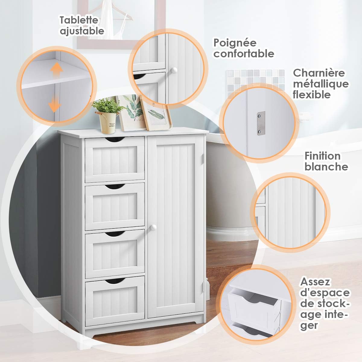 Commode de Rangement avec 4 Tiroirs et Porte Magnetique, Etagere Hauteur Reglable, Meuble de Rangement pour Salon/Chambre/Bureau Blanc 55 x 30 x 81CM - 3