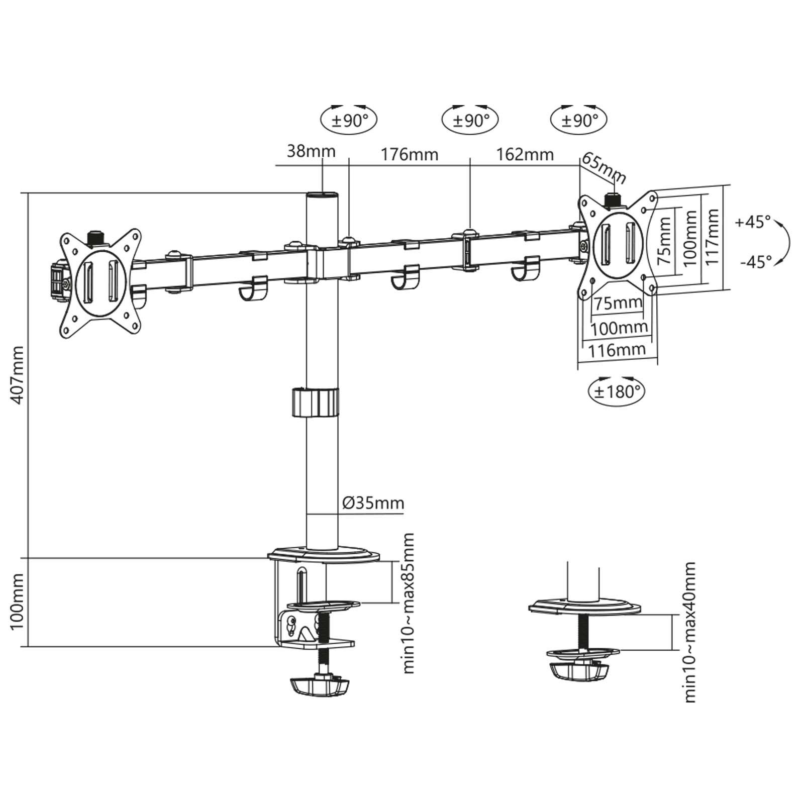 Support 2 Écrans Jusqu'à 32 Pouces 2x Ordinateur 9 Kg Ressort à gaz Fixation de table VESA 75/100 PC Bras Articulé Porte-Ordi Inclinaison… Wiltec - 5