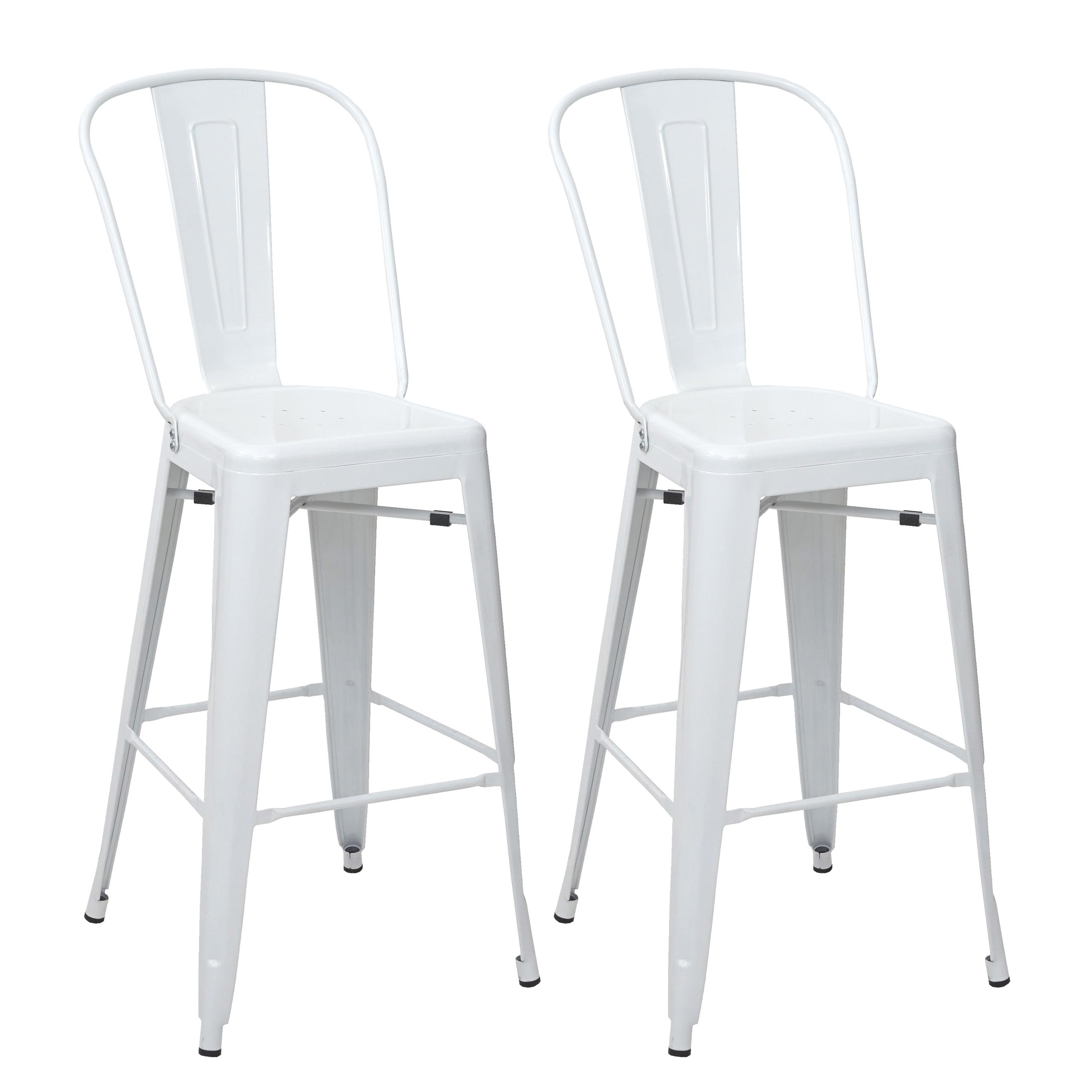 Zestaw 2 stołków barowych HWC-A73, stołek barowy z oparciem, metalowy, industrialny design ~ biały