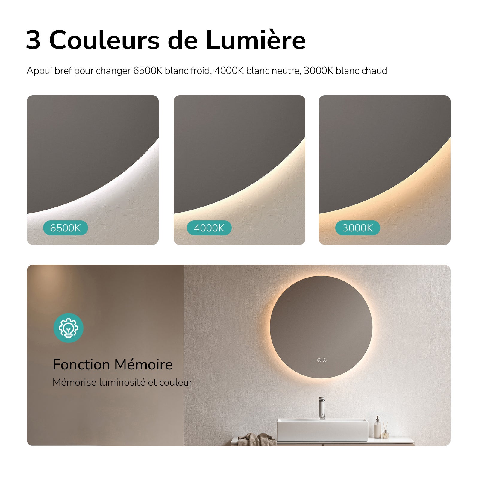 EMKE Miroir lumineux salle de bain rond diamètre 50cm, rétro-éclairage sans cadre, Miroir LED avec Interrupteur Tactile, Lumière Froide/Neutre/Chaude - 2