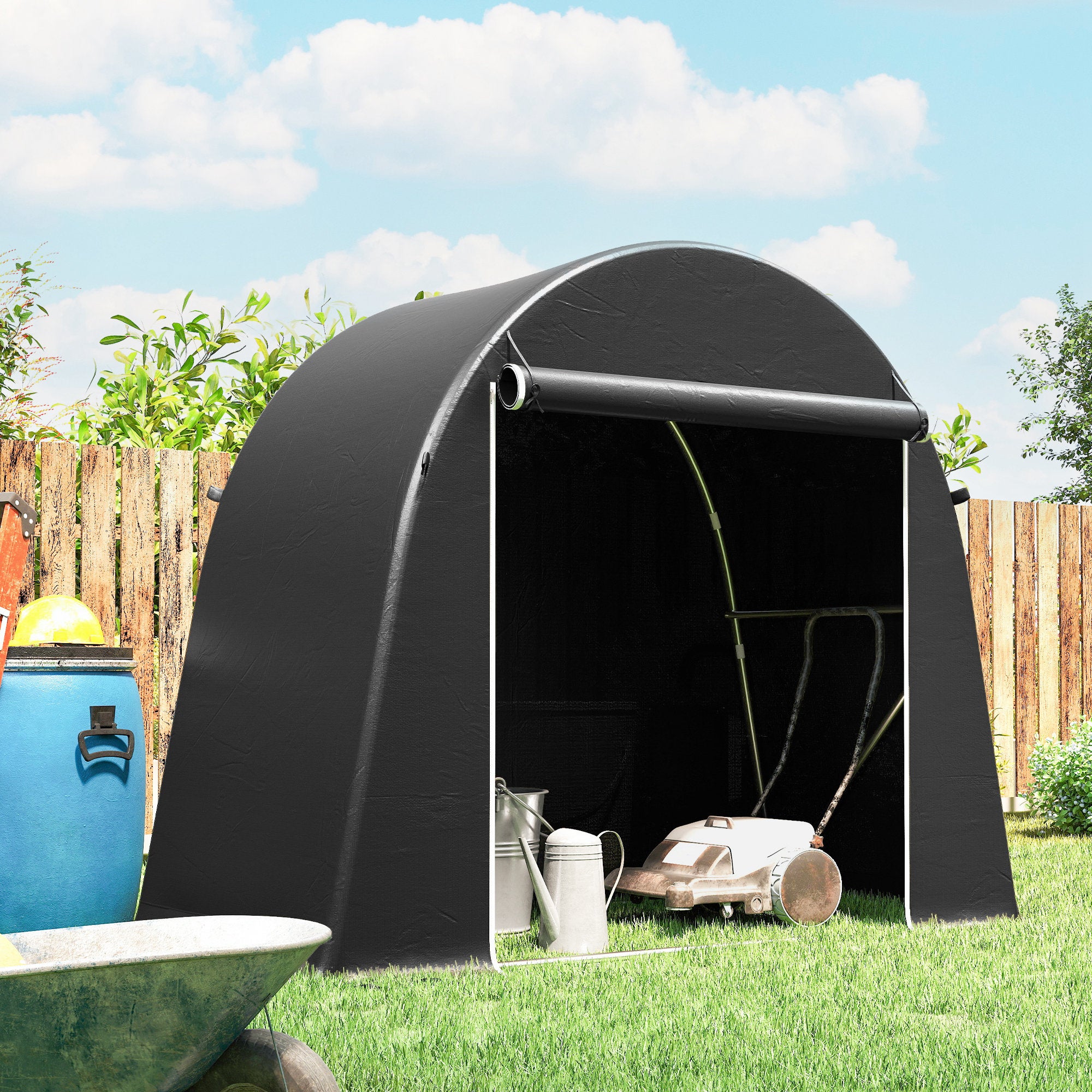Cabanon de jardin portable, tente à vélo, porte éclair roulettes, cadre métal, housse plastique, rangement polyvalent, gris foncé - 4